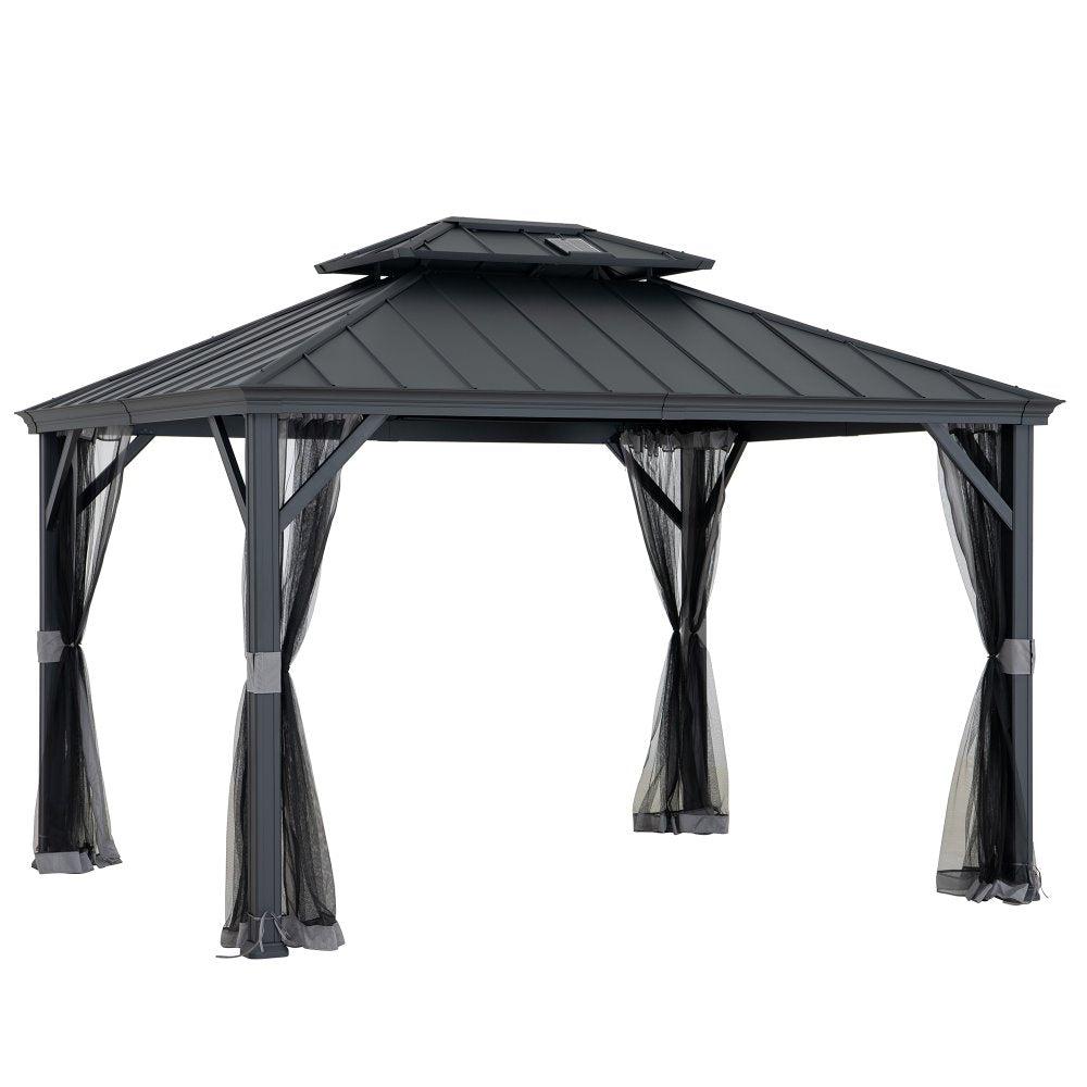 Sunjoy Solaria Eco-Solar 10x12 aluminum gazebo, studio view of the two-tier hardtop roof carrying a solar panel above a black aluminium frame with netting at each corner