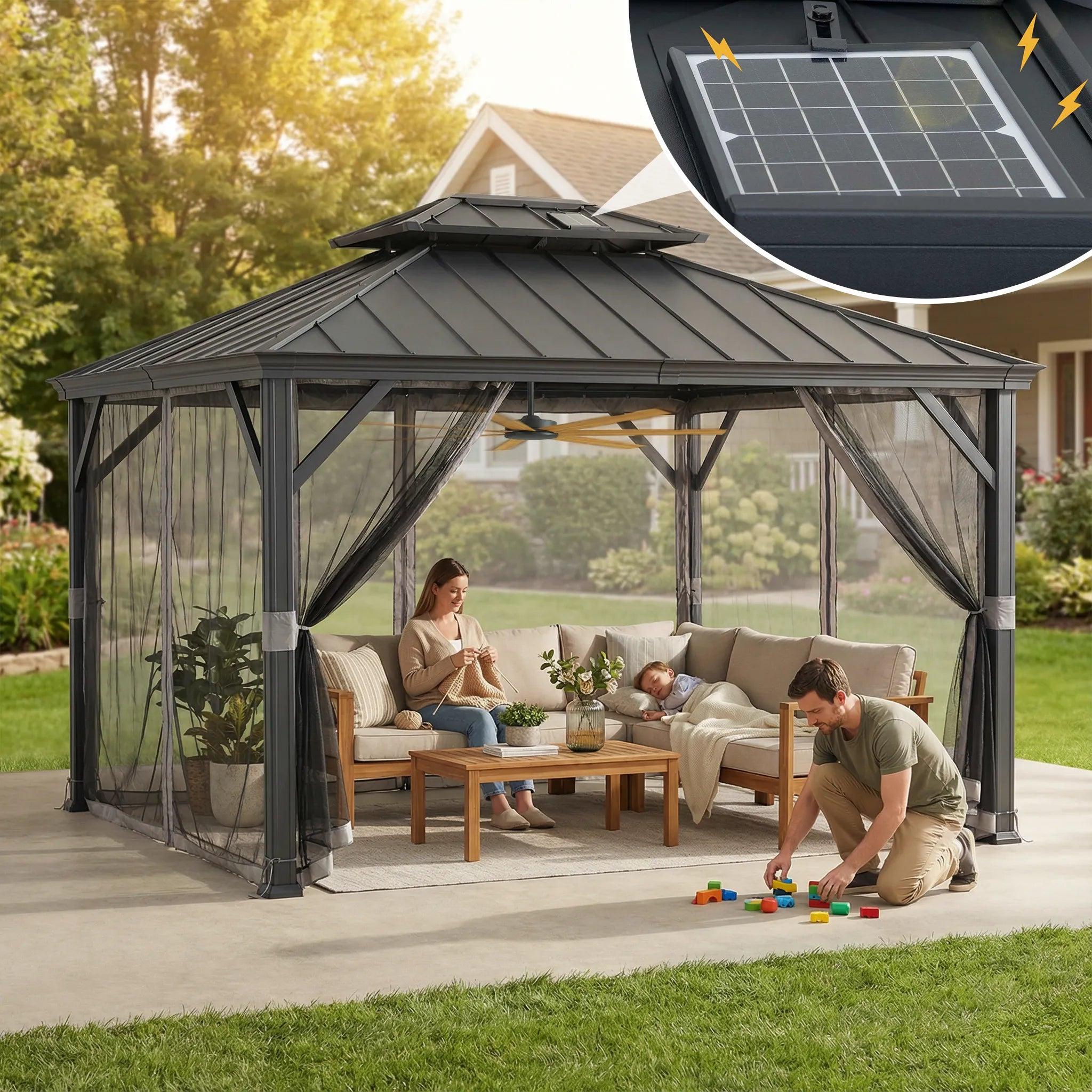 Sunjoy Solaria Eco-Solar 10x12 aluminum gazebo on a lawn sheltering a family on a corner sofa, with the roof-mounted solar panel visible above