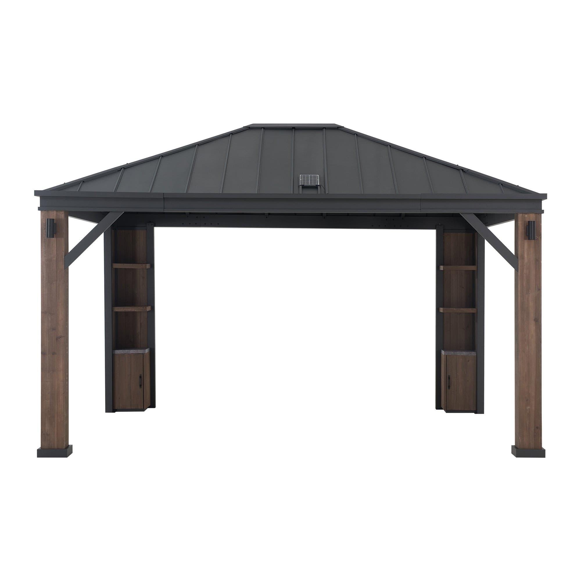Sunjoy Solaria Smart Tech 12x14 gazebo, studio view of the steel roof on four thick timber posts with built-in cabinets at two corners