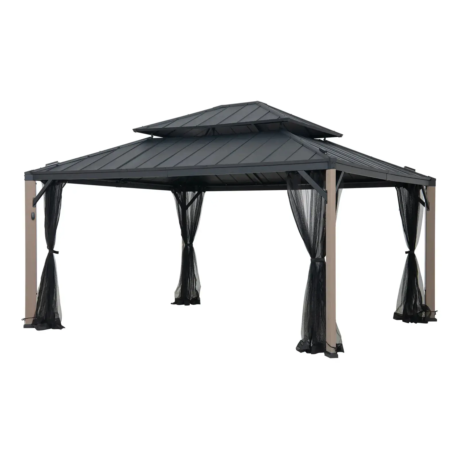 Sunjoy Stanwood 13x15 gazebo, studio view of the two-tier steel roof on four pale timber columns with mosquito netting gathered at each corner