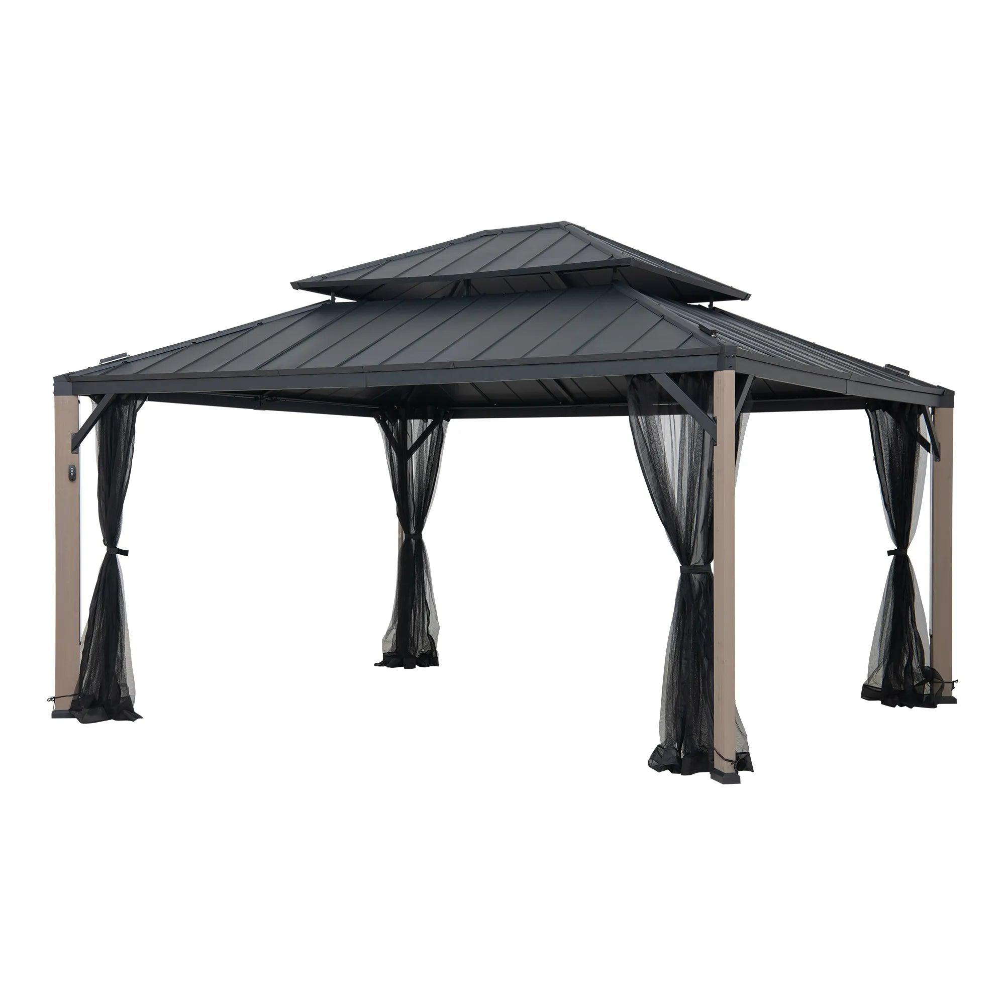 Sunjoy Stanwood 13x15 gazebo, studio view of the two-tier steel roof on four pale timber columns with mosquito netting gathered at each corner