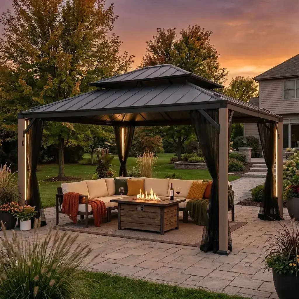 Sunjoy Stanwood 13x15 gazebo on a paved patio at dusk, the column lights on above a sofa and gas fire table