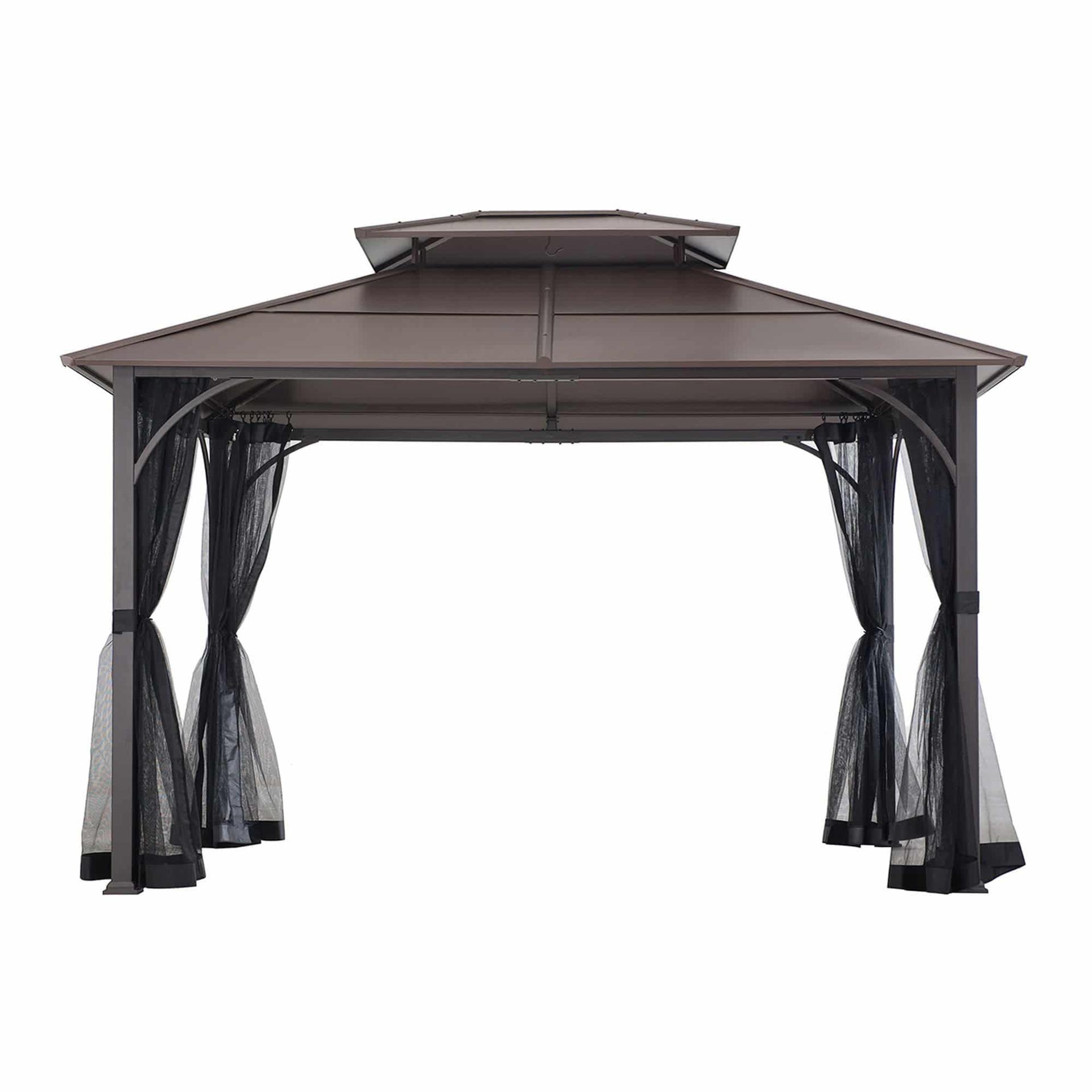 Sunjoy Summit Classic 10x12 gazebo in brown, studio view showing the ventilated two-tier steel hardtop roof and tied-back mesh netting between four posts