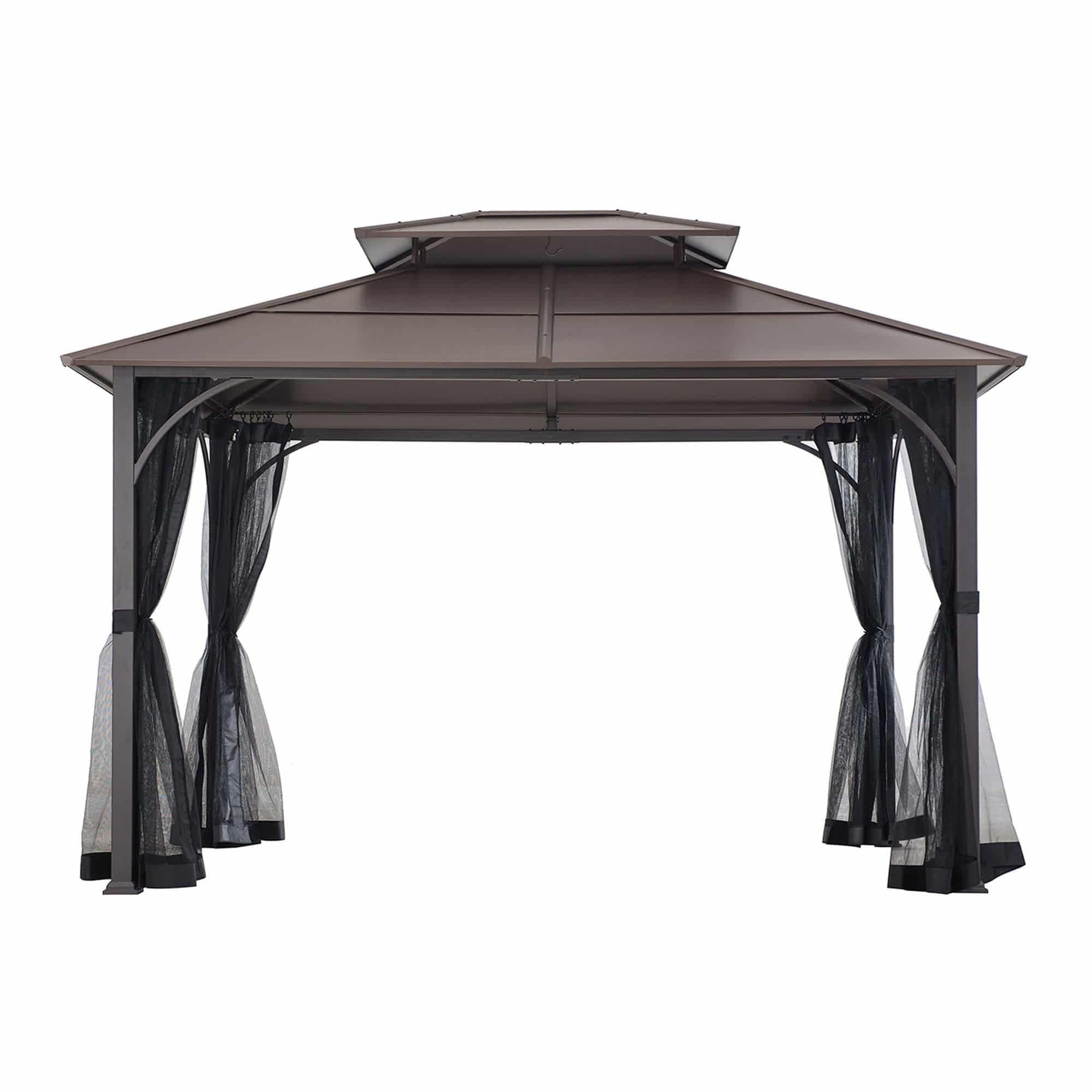 Sunjoy Summit Classic 10x12 gazebo in brown, studio view showing the ventilated two-tier steel hardtop roof and tied-back mesh netting between four posts