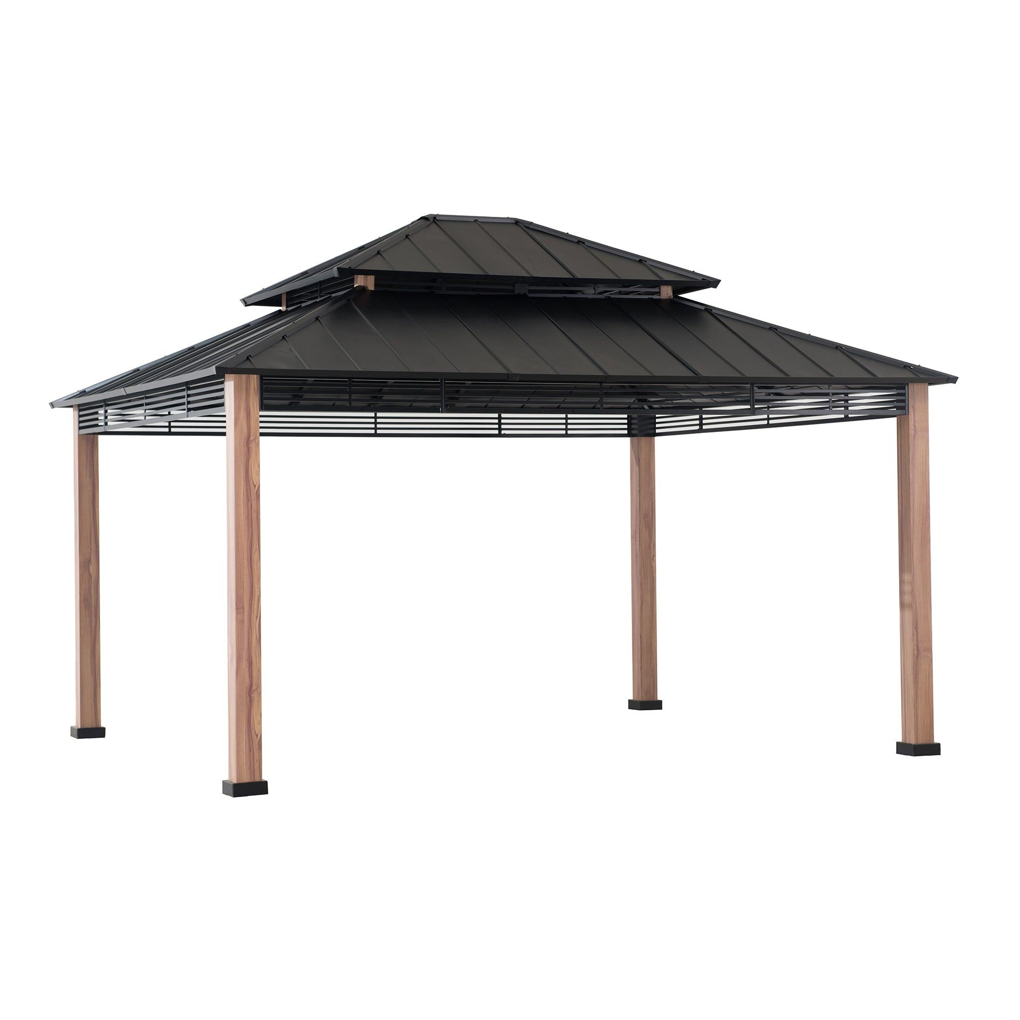 Sunjoy Summit Heavy-Duty 13x15 gazebo, studio view of the two-tier steel hardtop roof with a louvred vent band on four wood-grain finish posts