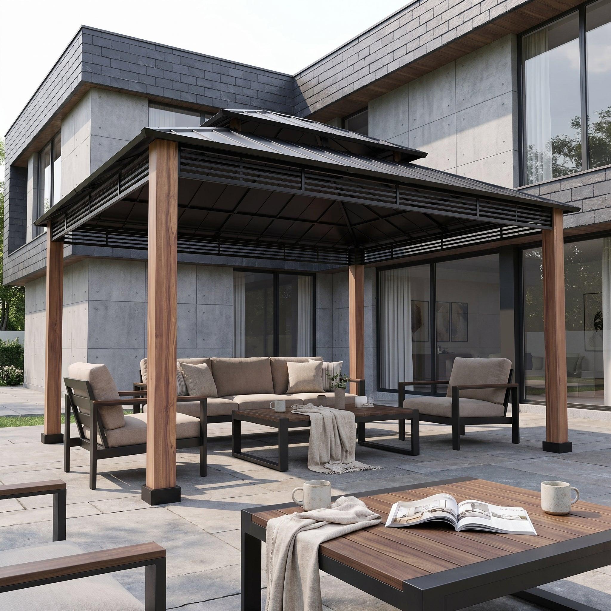Sunjoy Summit Heavy-Duty 13x15 gazebo on a terrace beside a modern house, sheltering a sofa and low table