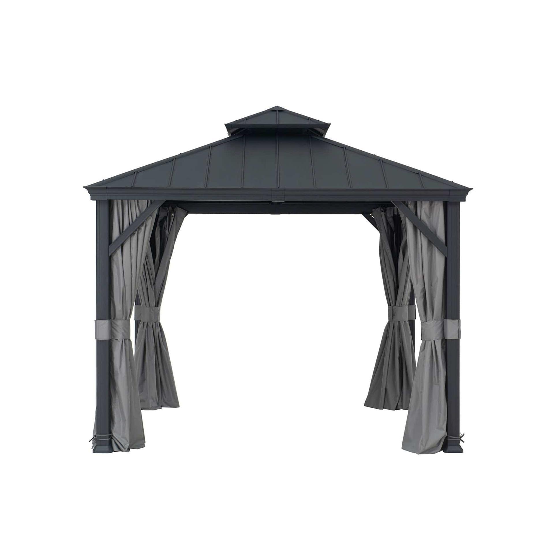 Sunjoy Summit Minimalist 10x10 aluminum gazebo, studio view of the two-tier steel hardtop roof on a slim black aluminium frame with grey curtains tied back