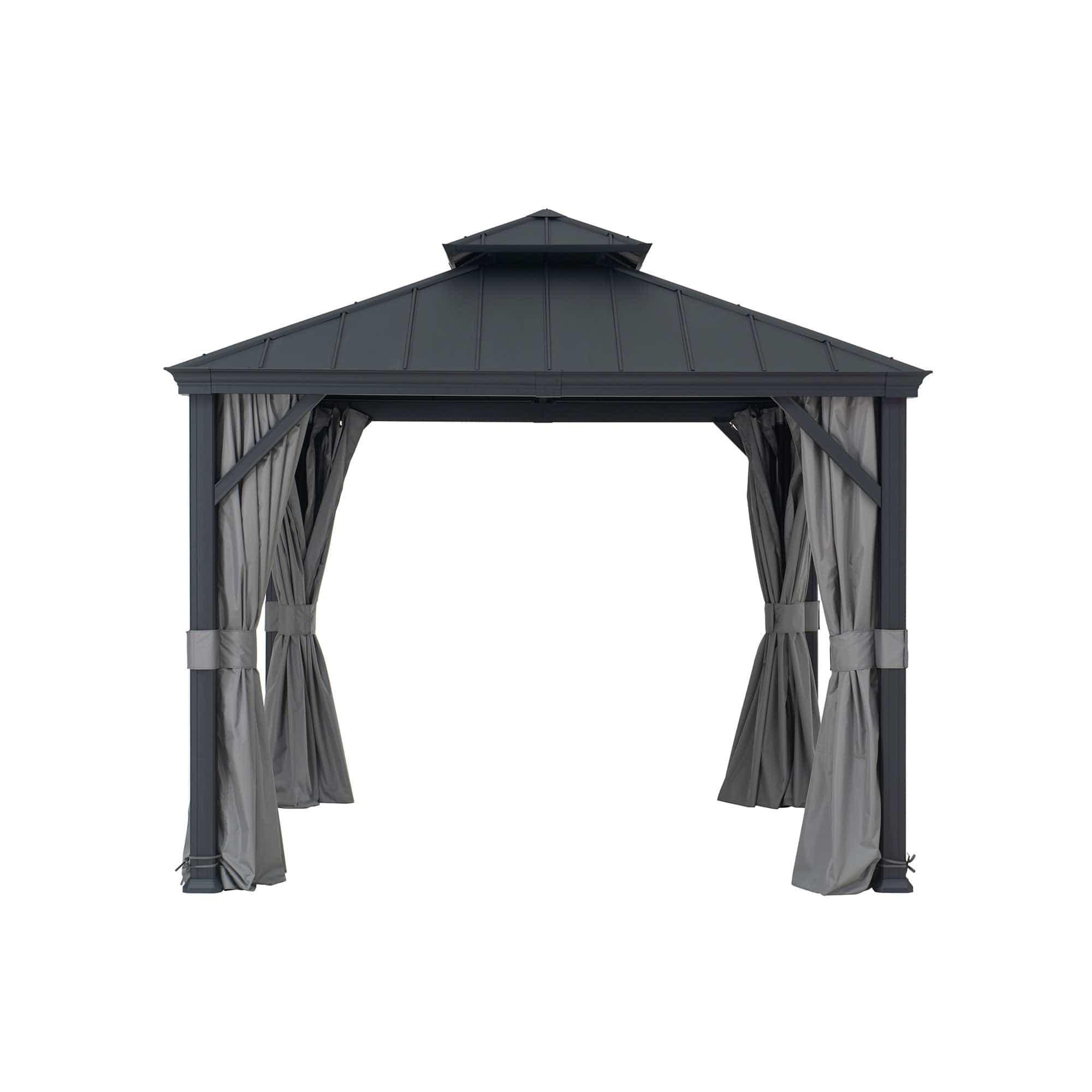 Sunjoy Summit Minimalist 10x10 aluminum gazebo, studio view of the two-tier steel hardtop roof on a slim black aluminium frame with grey curtains tied back