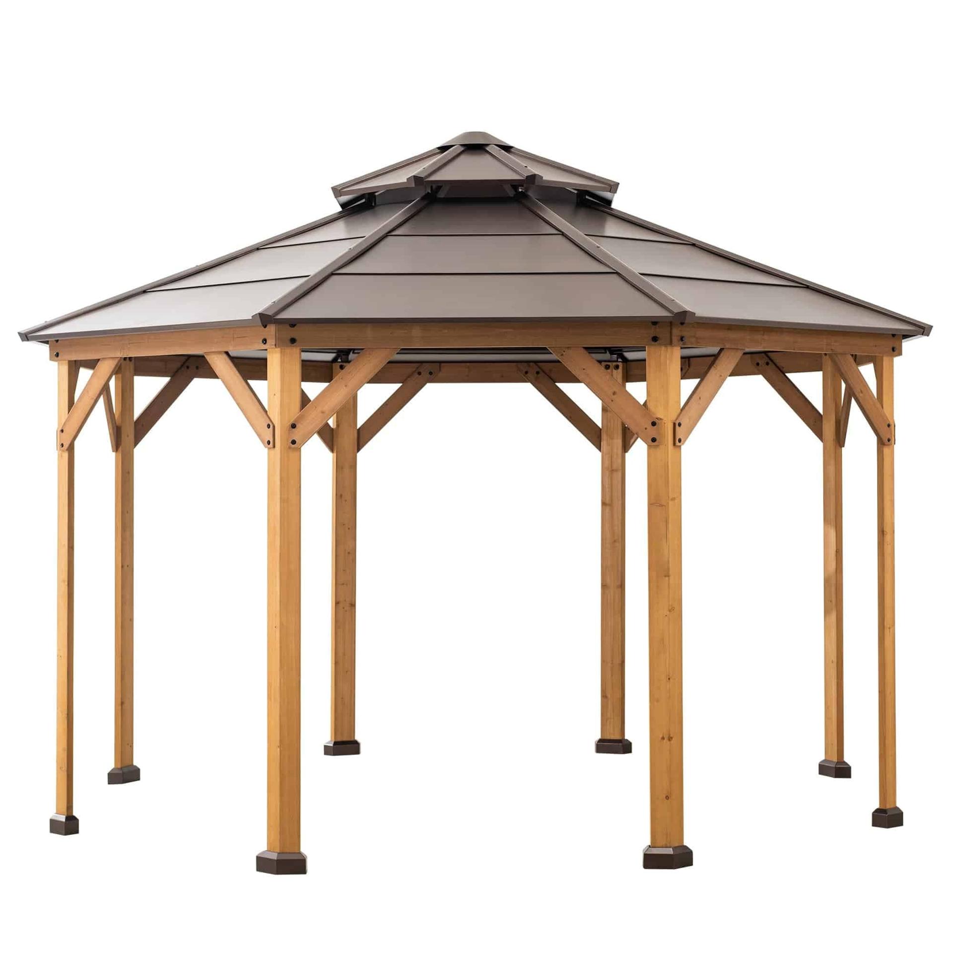 Sunjoy Valerie 13x13 octagon gazebo, studio view of the octagonal two-tier steel roof on eight pale timber posts