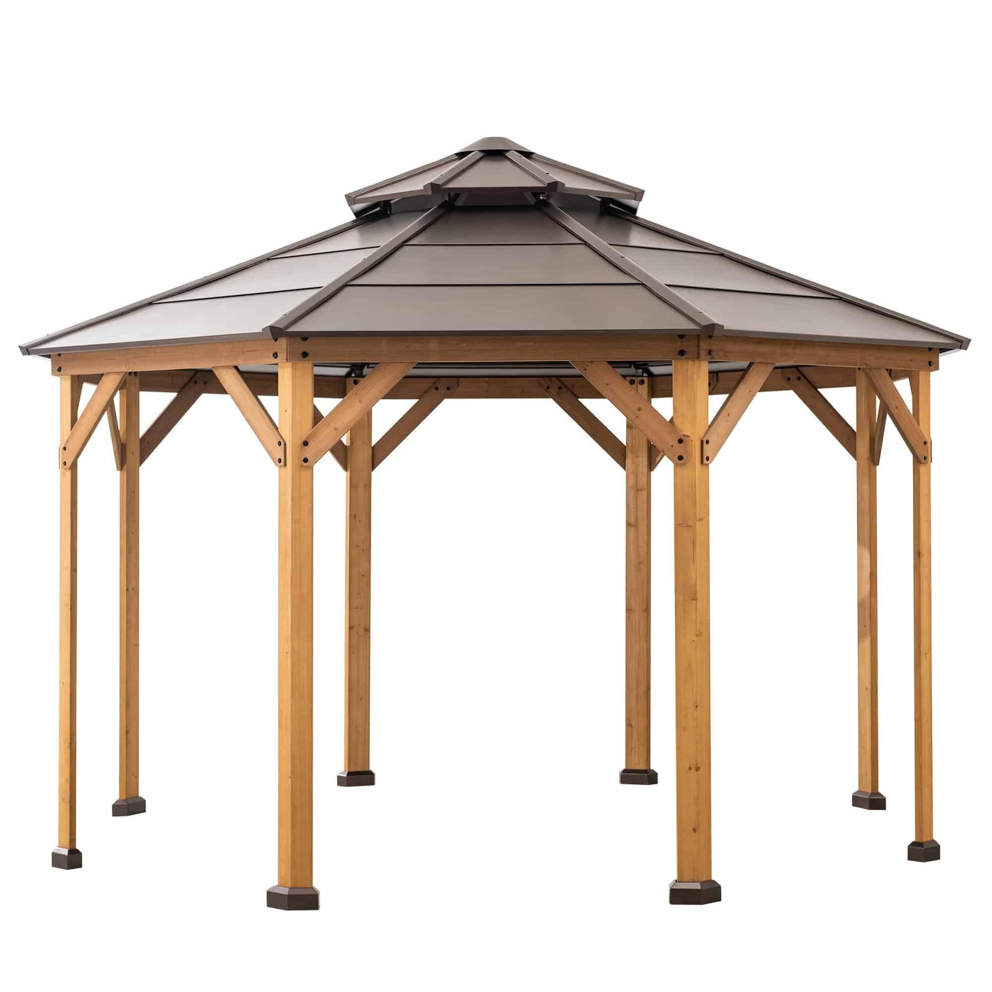 Sunjoy Valerie 13x13 octagon gazebo, studio view of the octagonal two-tier steel roof on eight pale timber posts