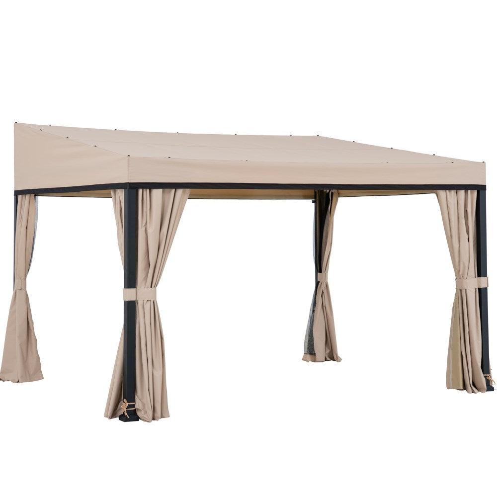 Sunjoy Vista fabric-roof wall-mounted gazebo 10x12, studio view of the sloped beige fabric roof on a black four-post frame with tied-back curtains