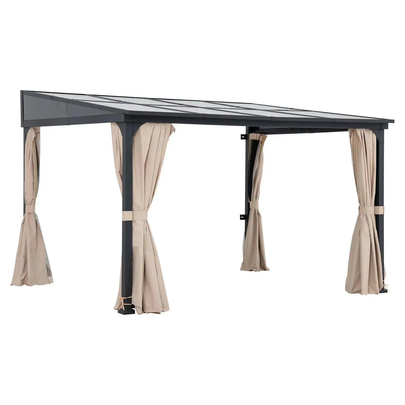 Sunjoy Vista PC-roof wall-mounted gazebo 10x12, studio view of the sloped translucent polycarbonate roof on a dark grey frame with tied-back curtains