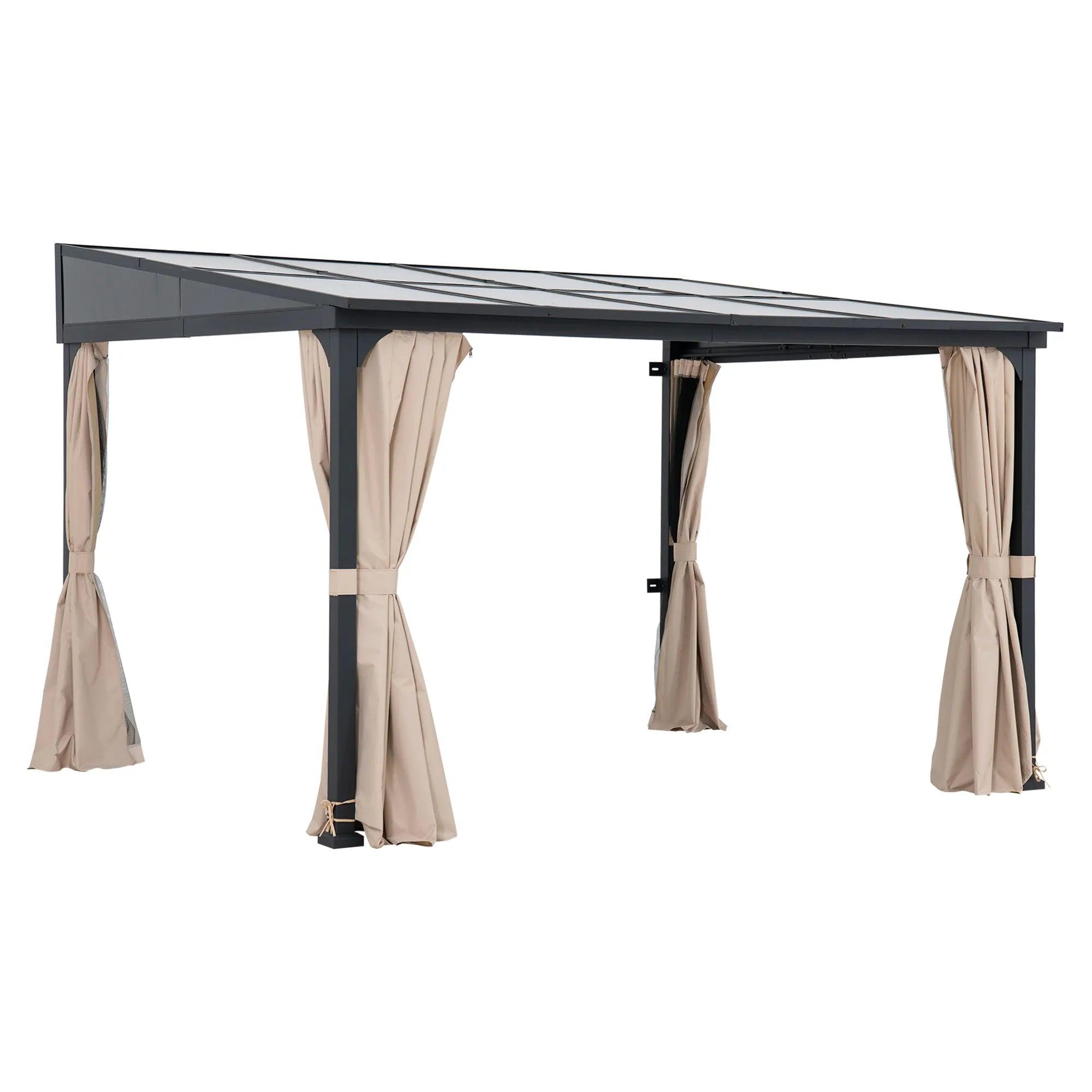 Sunjoy Vista PC-roof wall-mounted gazebo 10x12, studio view of the sloped translucent polycarbonate roof on a dark grey frame with tied-back curtains