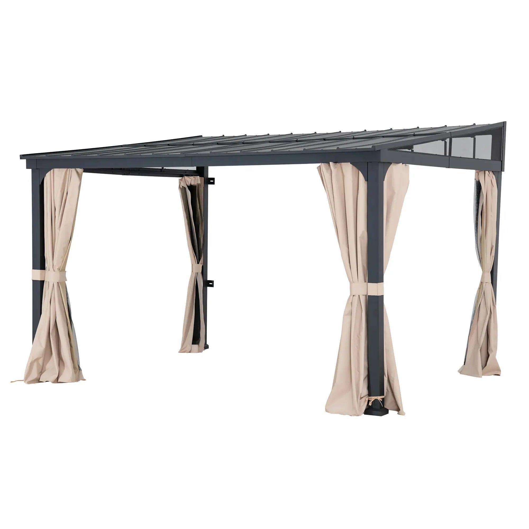 Sunjoy Vista Hardtop Wall-Mounted gazebo 10x12, studio view of the dark grey frame and mono-pitch steel roof with khaki curtains tied back at each post