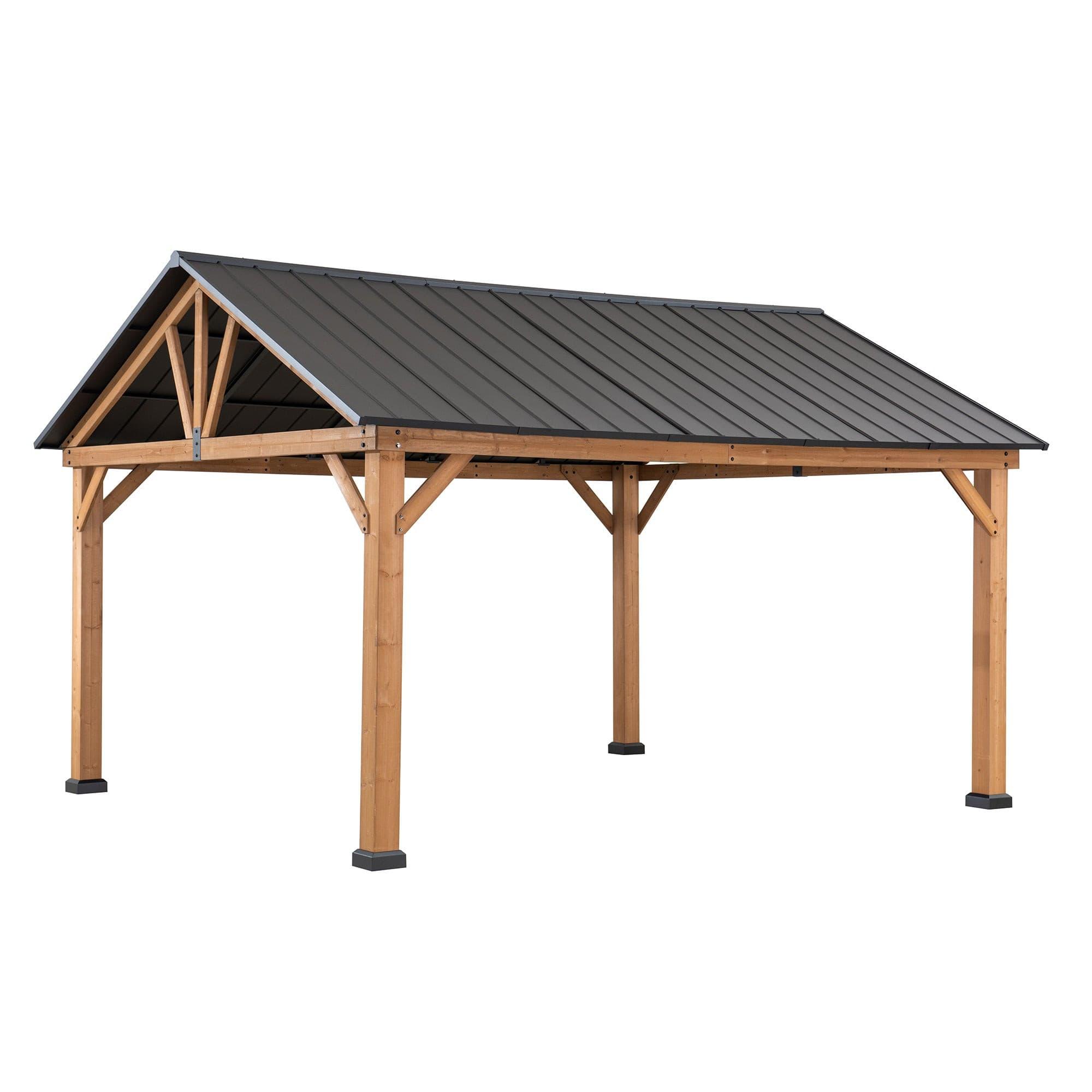 Sunjoy 11x13 wooden-frame gable roof gazebo, studio view of the black steel gable roof and exposed triangular truss on four timber posts