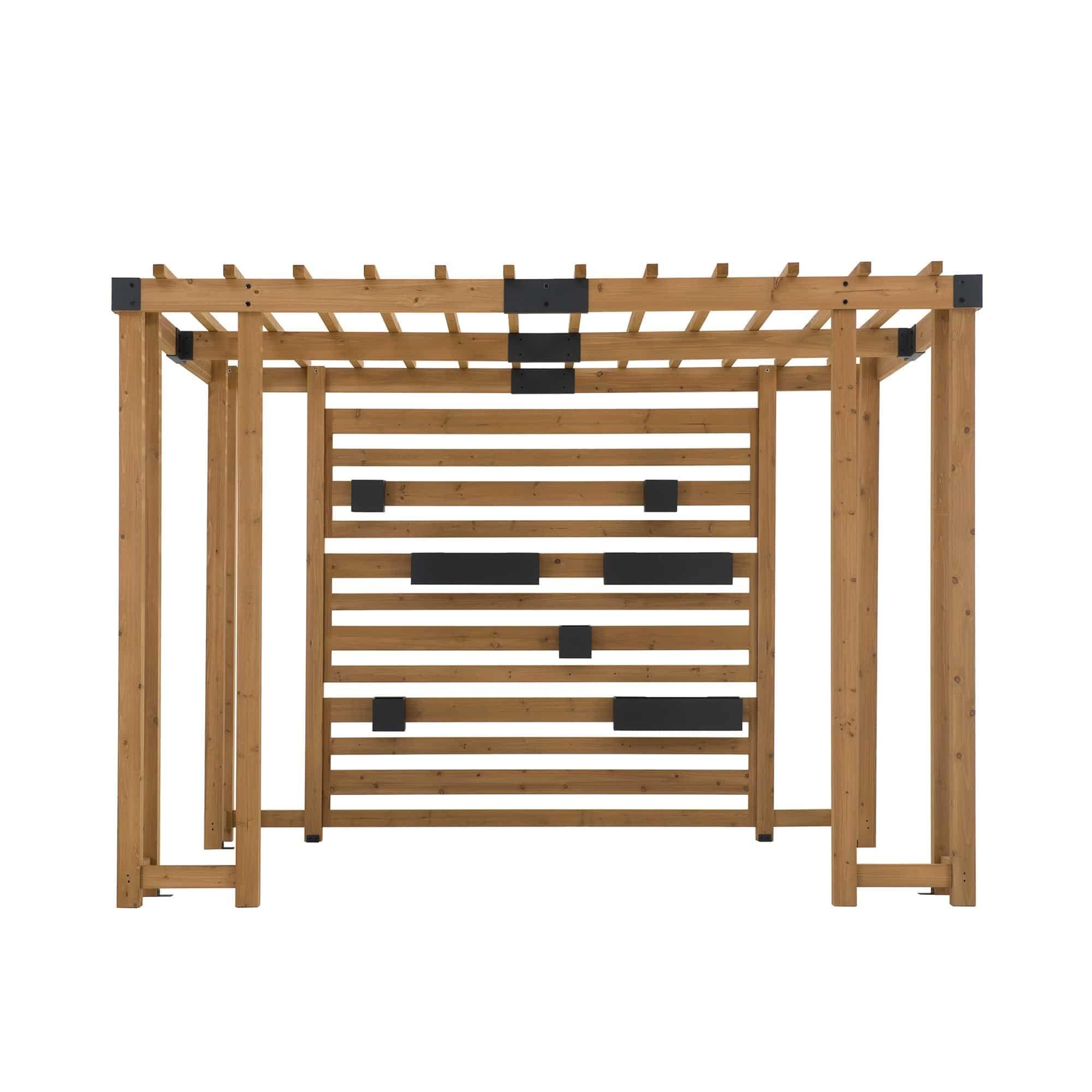 Sunjoy 10x10 cedar pergola with an open slatted roof, slatted privacy screen and black steel hanging planters, studio view