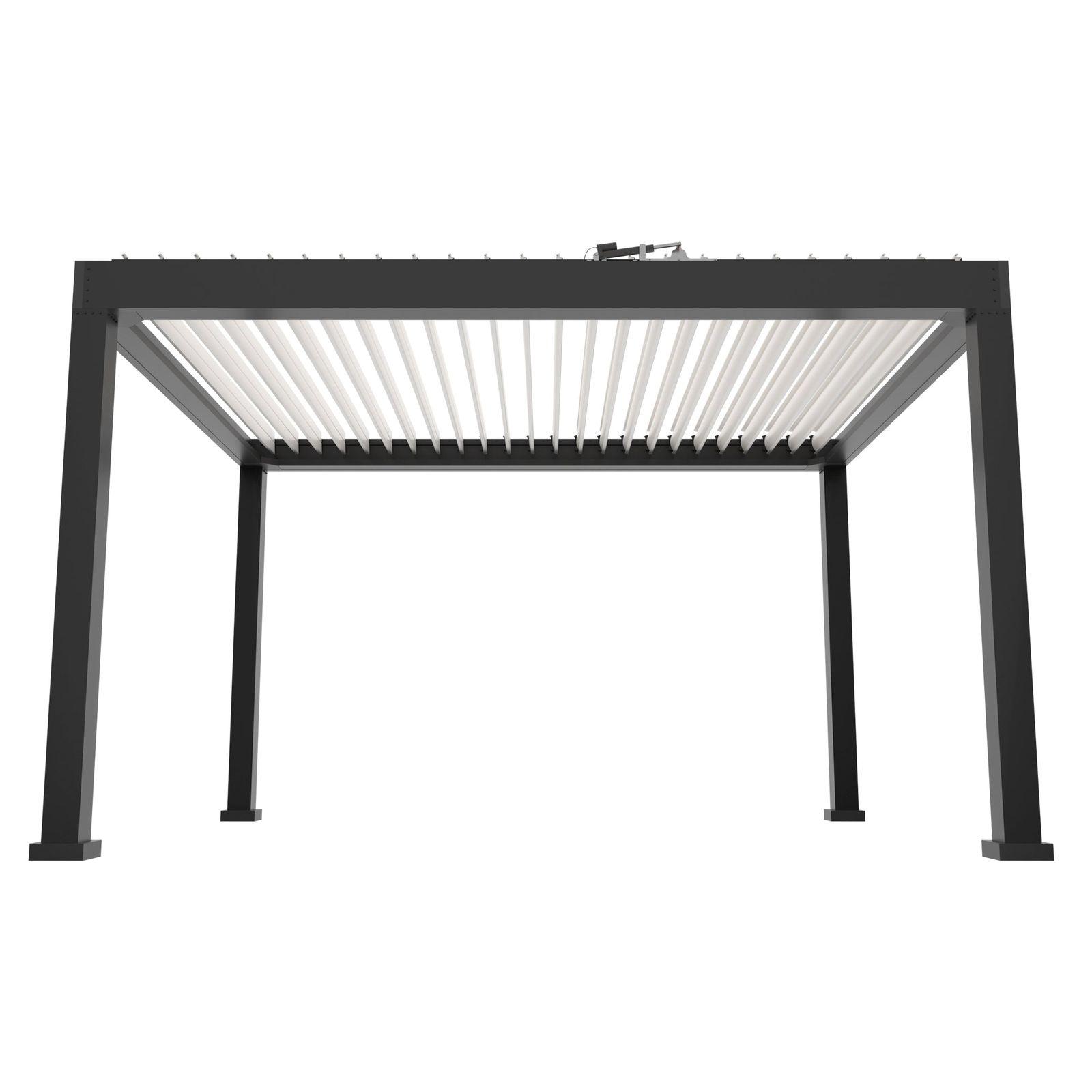Studio front view of the Luxury Pergola Ultra in black, showing four aluminum posts and the pale adjustable louver roof