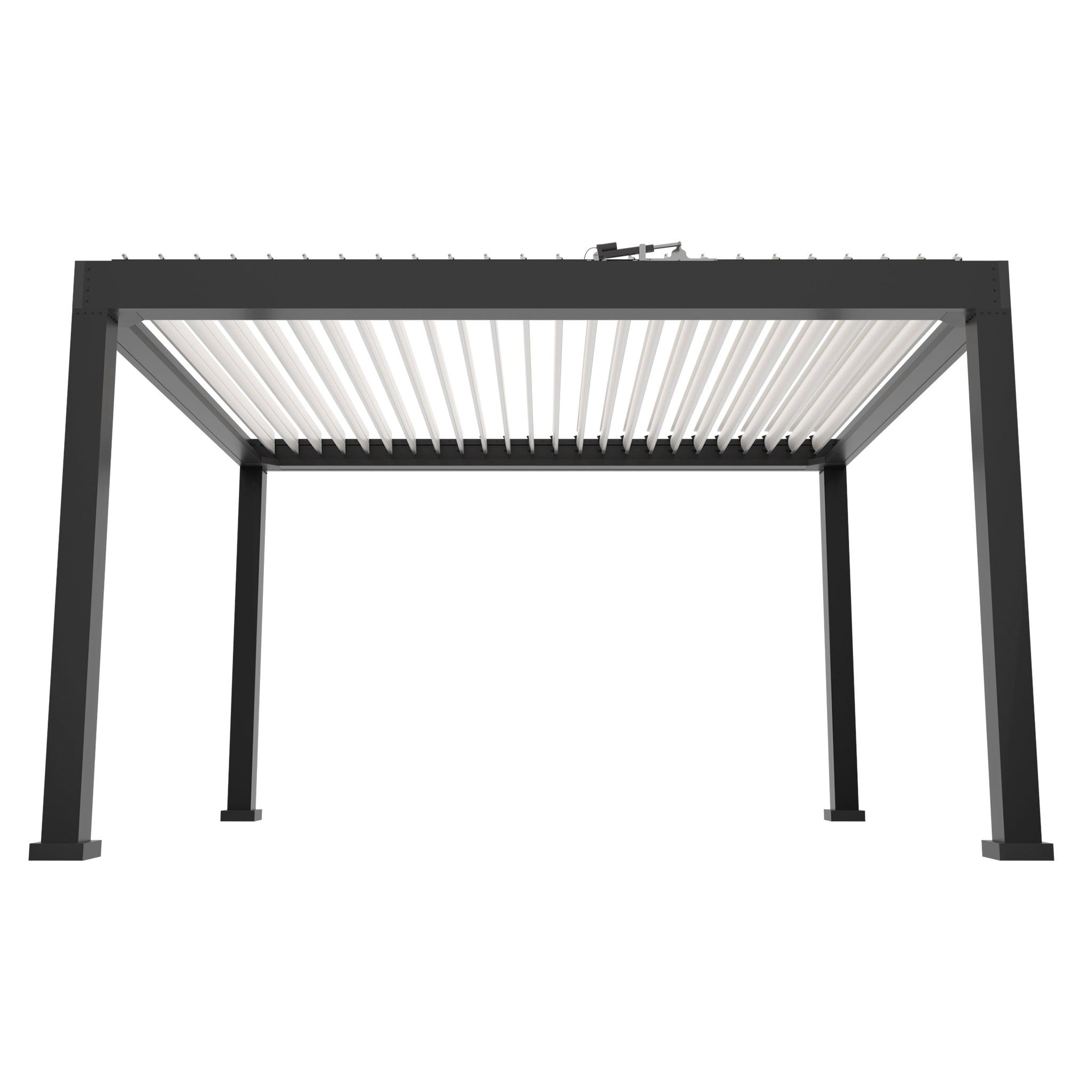 Studio front view of the Luxury Pergola Ultra in black, showing four aluminum posts and the pale adjustable louver roof