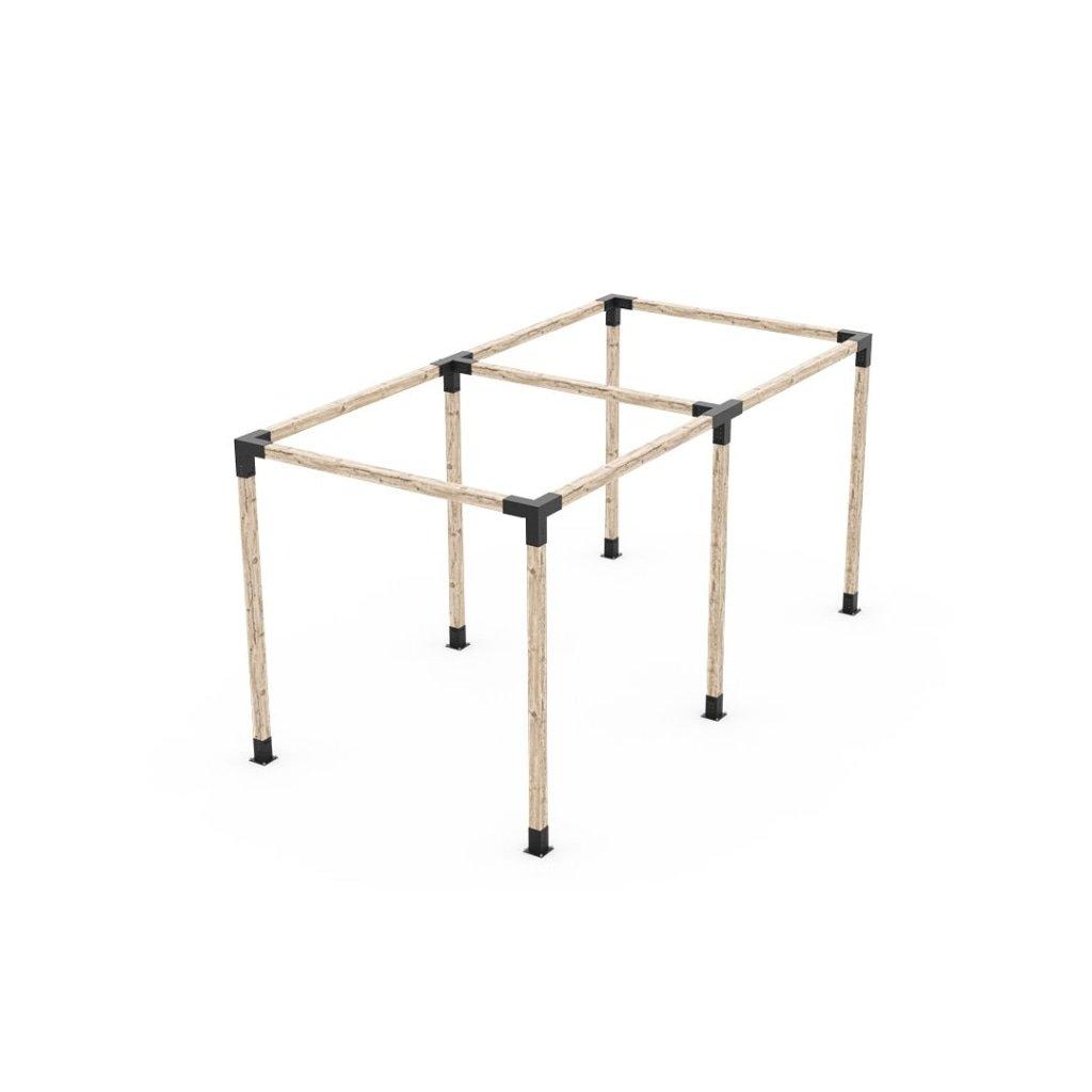 Toja Grid Any Size Double Pergola Kit forming a two-bay frame of 4x4 wooden posts joined by black steel brackets