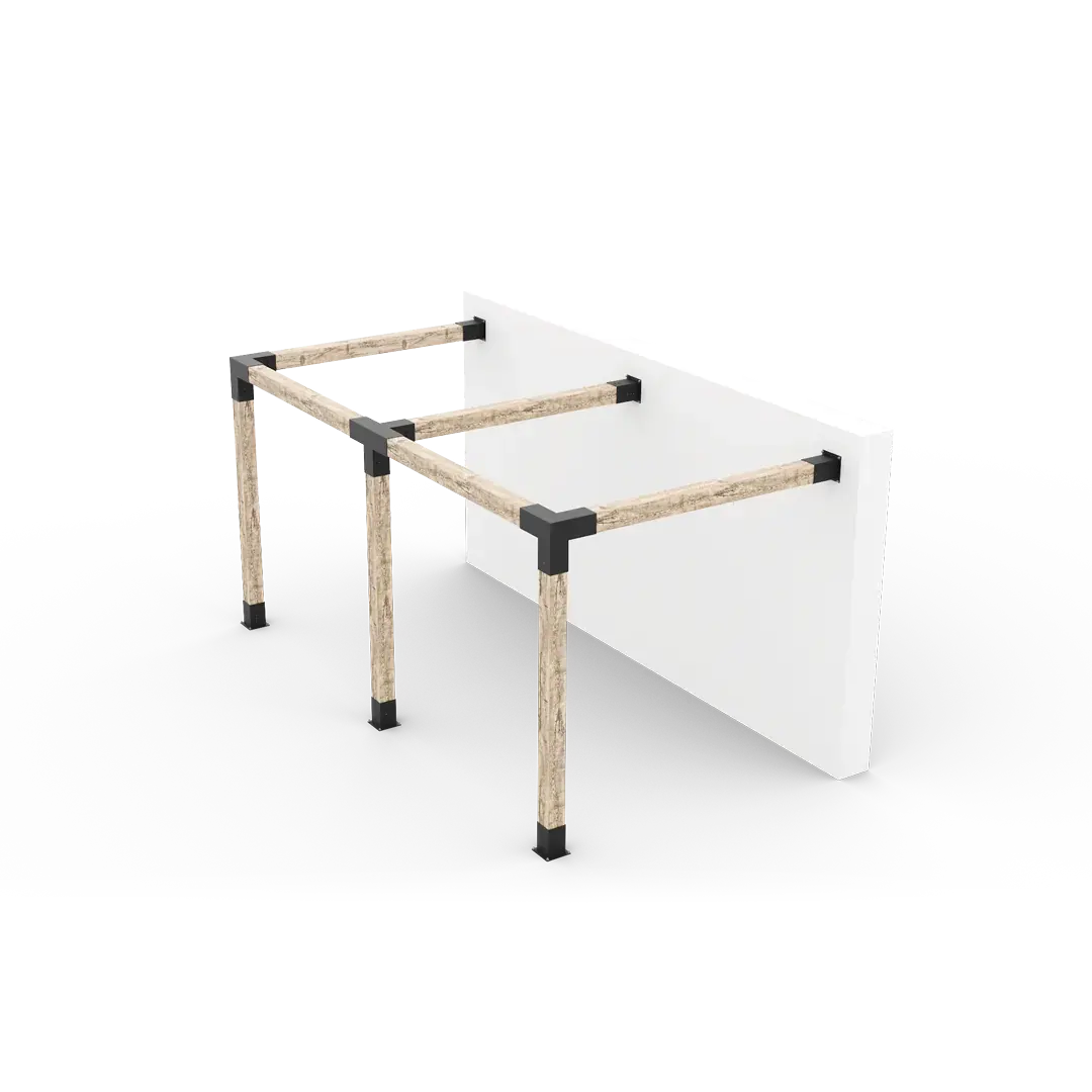 Toja Grid Any Size Double Wall Mount Pergola Kit forming two bays of 6x6 timber anchored to a white wall with black brackets