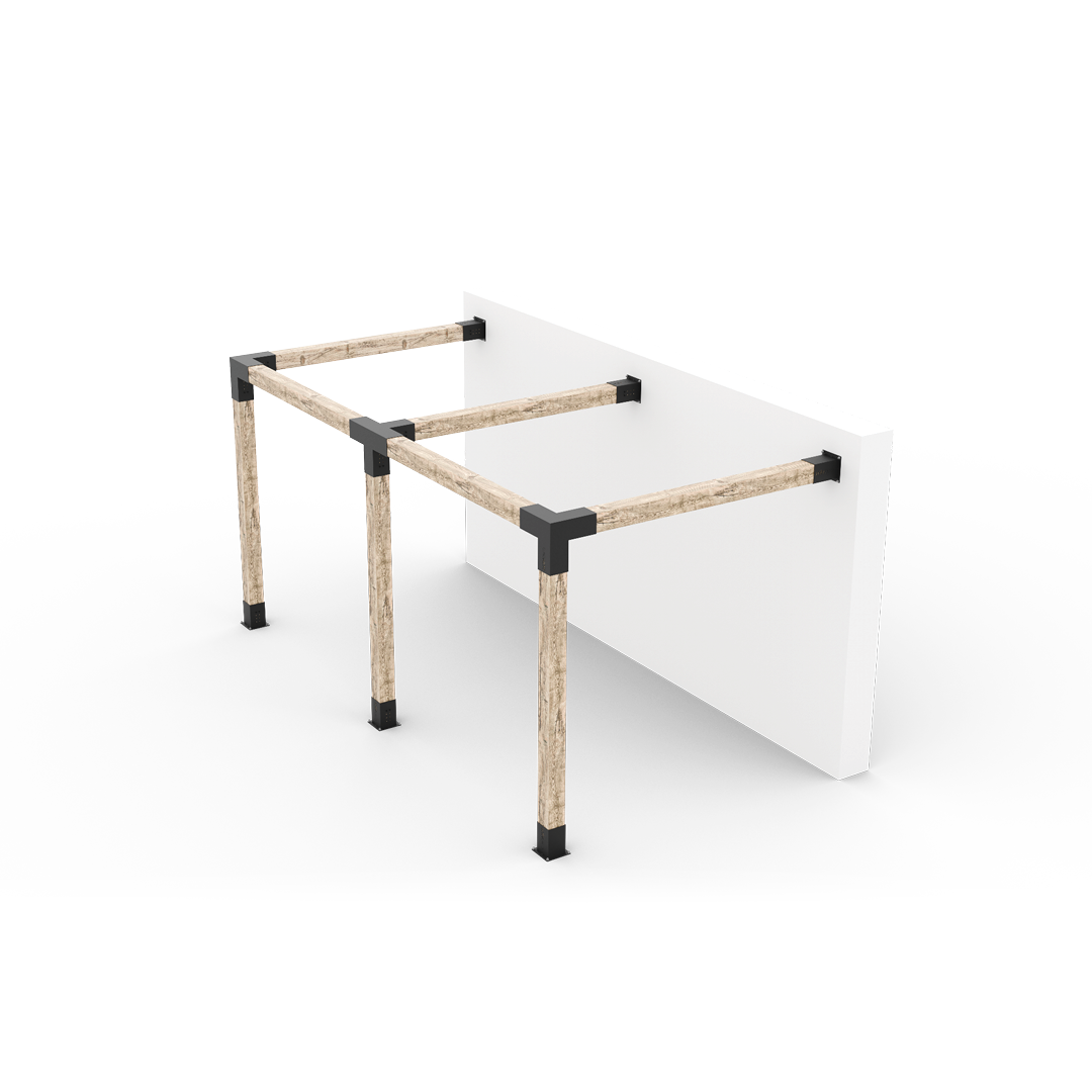 Toja Grid Any Size Double Wall Mount Pergola Kit forming two bays of 6x6 timber anchored to a white wall with black brackets
