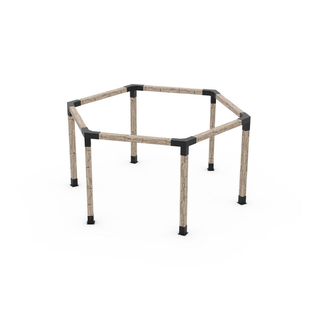 Toja Grid Any Size Hexagonal Kit assembled as a six-sided timber pergola frame with black steel corner brackets