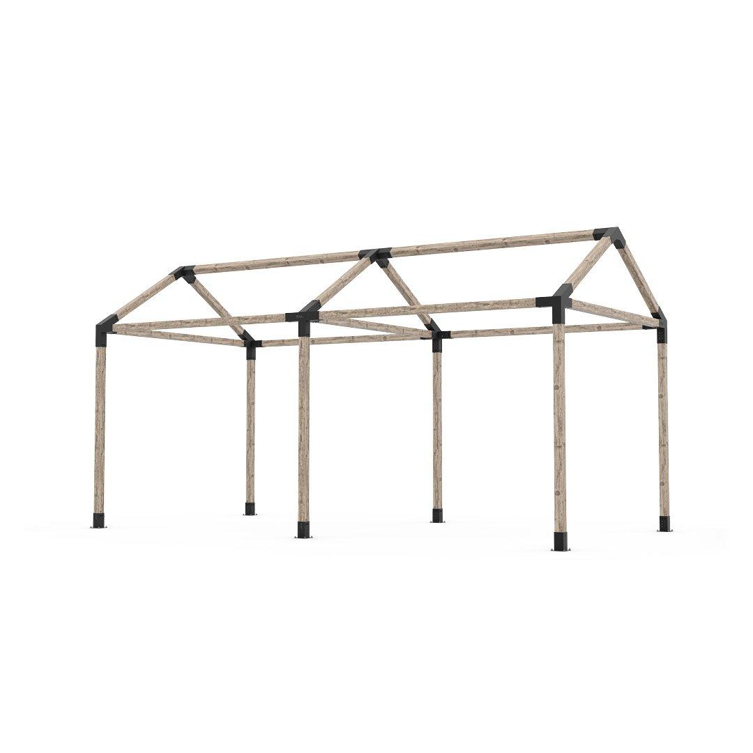 Toja Grid GRID 30 Double Pergola Kit forming a long two-bay peaked timber frame with black steel brackets
