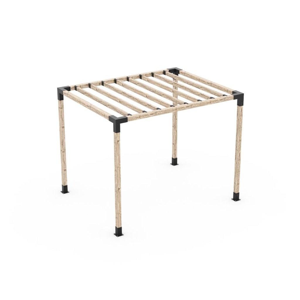 Toja Grid Pergola Kit with KNECT Top Rafter Brackets, a timber frame topped with evenly spaced 2x4 rafters held in black brackets