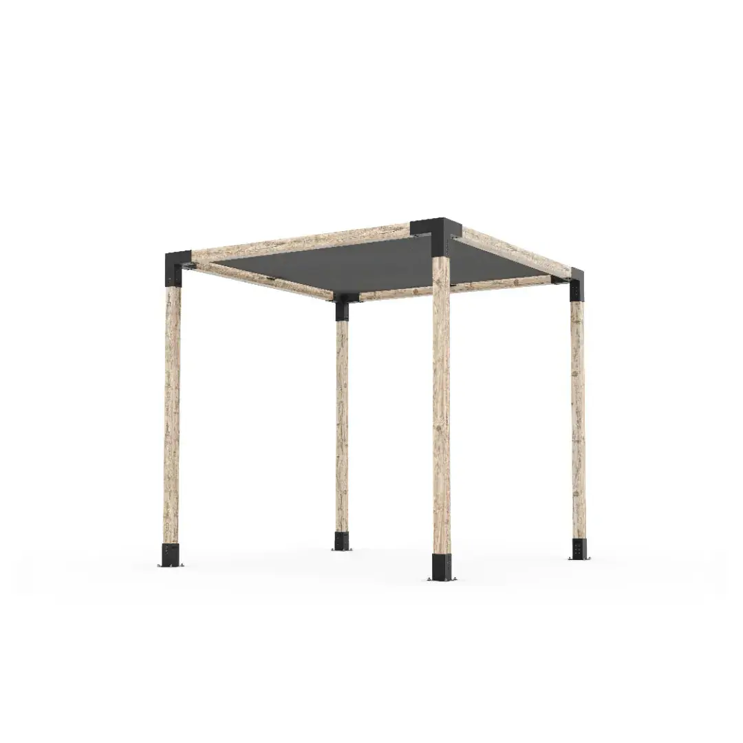 Toja Grid Pergola Kit with SHADE SAIL, timber frame with black brackets and a graphite fabric shade sail tensioned across the top
