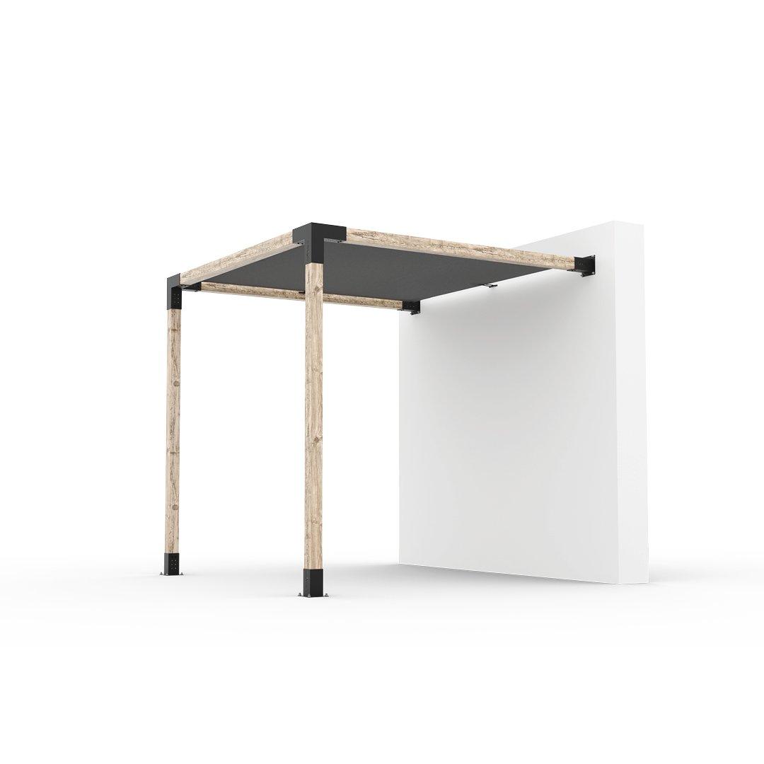 Toja Grid Wall Mount Pergola Kit with SHADE SAIL, two timber posts and a graphite shade sail fixed against a white house wall