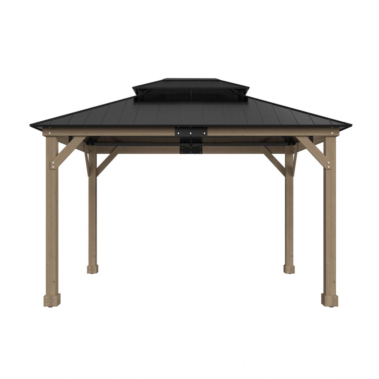Veikous 10x12 cedar wood gazebo with a dark double steel roof on a white background