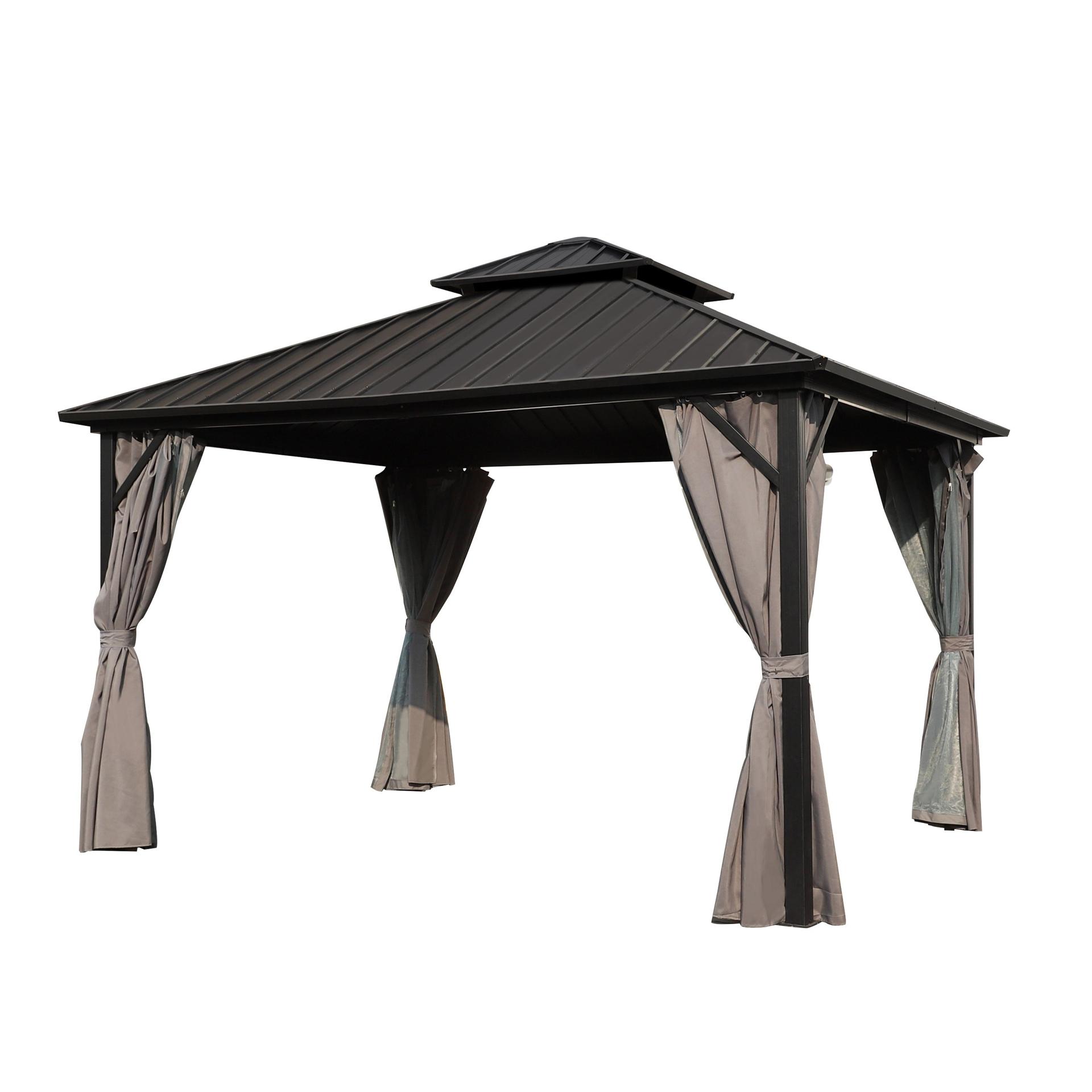 Veikous 10x10 hardtop gazebo with a double roof and beige curtains and netting on a white background