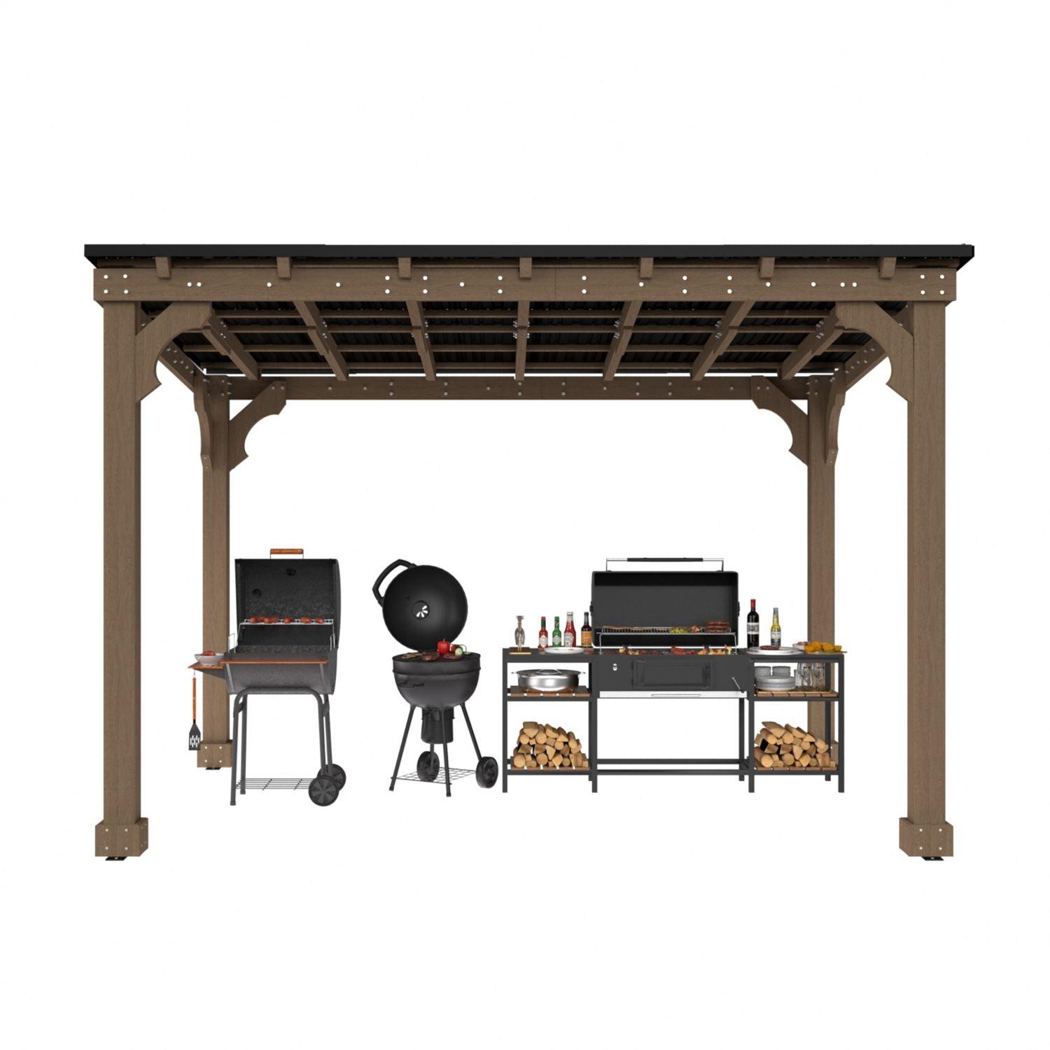 Veikous cedar hardtop grill gazebo with a sloping metal roof over charcoal grills and a prep counter