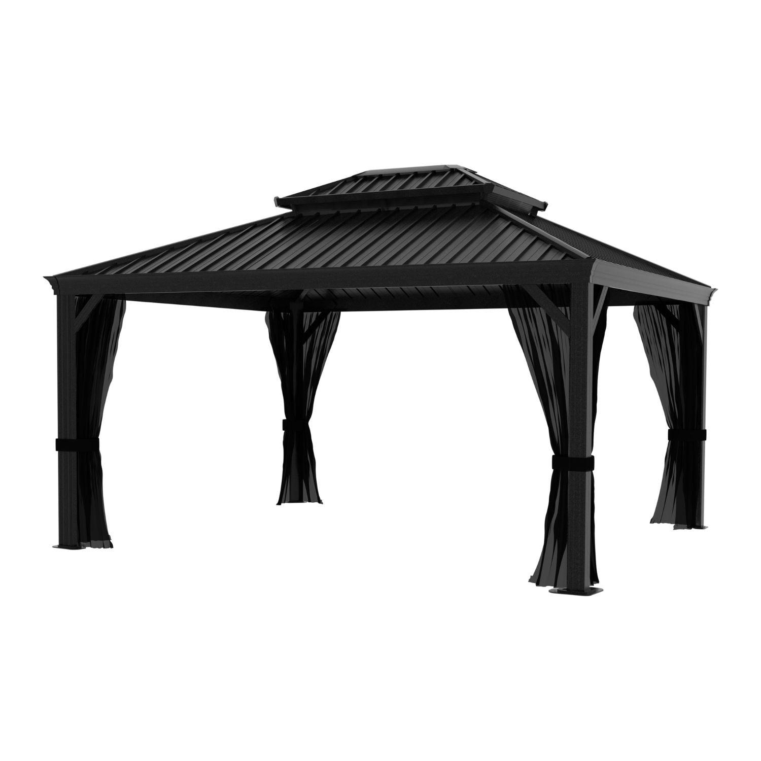 Veikous aluminum hardtop gazebo with a black two-tier roof and dark curtains on a white background