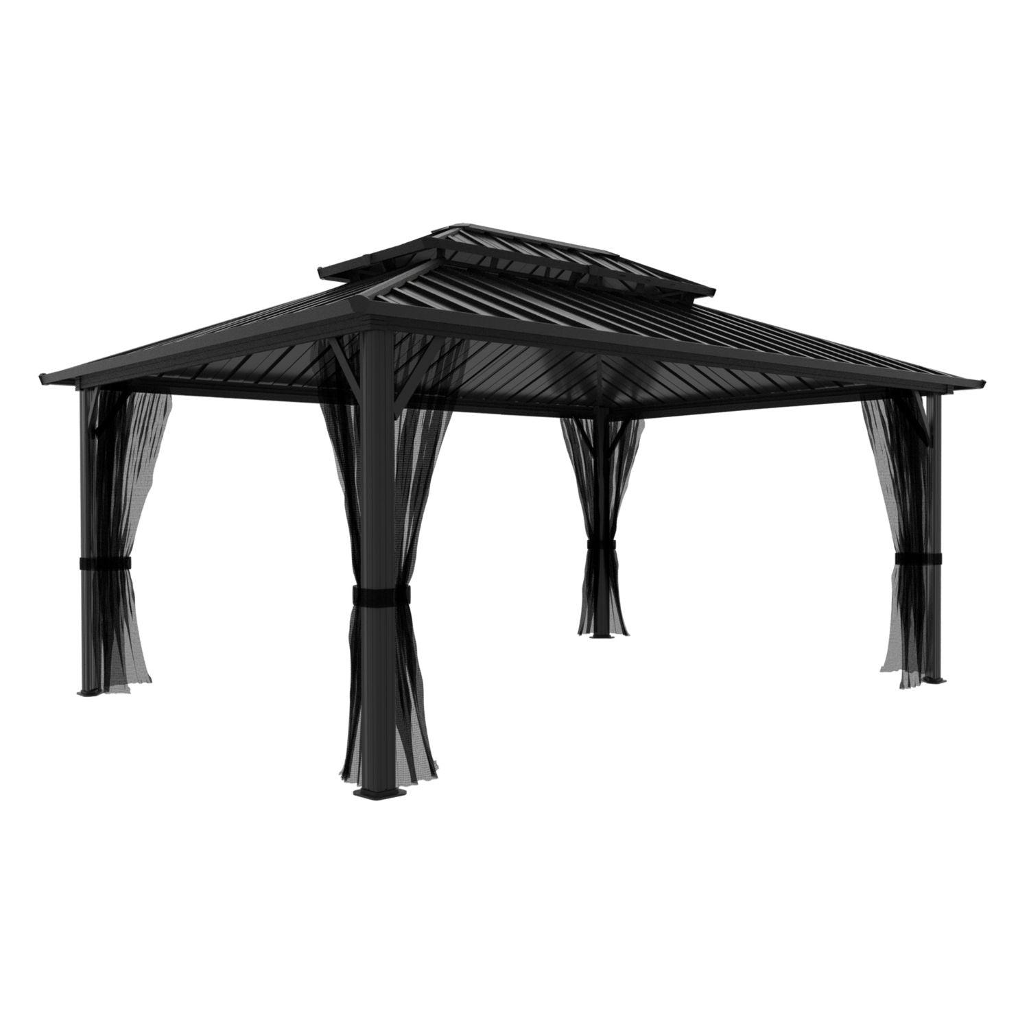 Veikous 12x14 aluminum hardtop patio gazebo with a two-tier black roof and netting on a white background