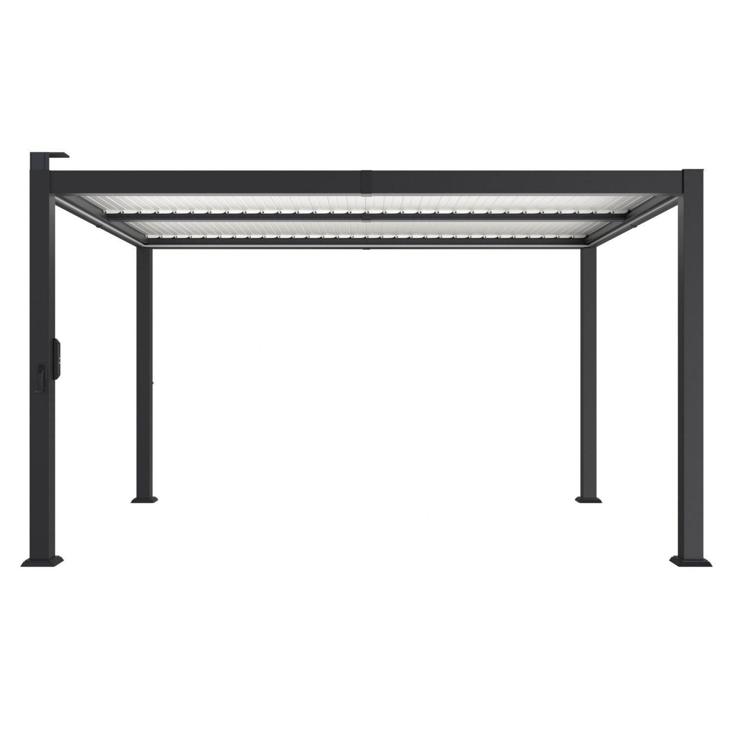 Veikous steel louvered pergola with a black frame and white louvers on a white background