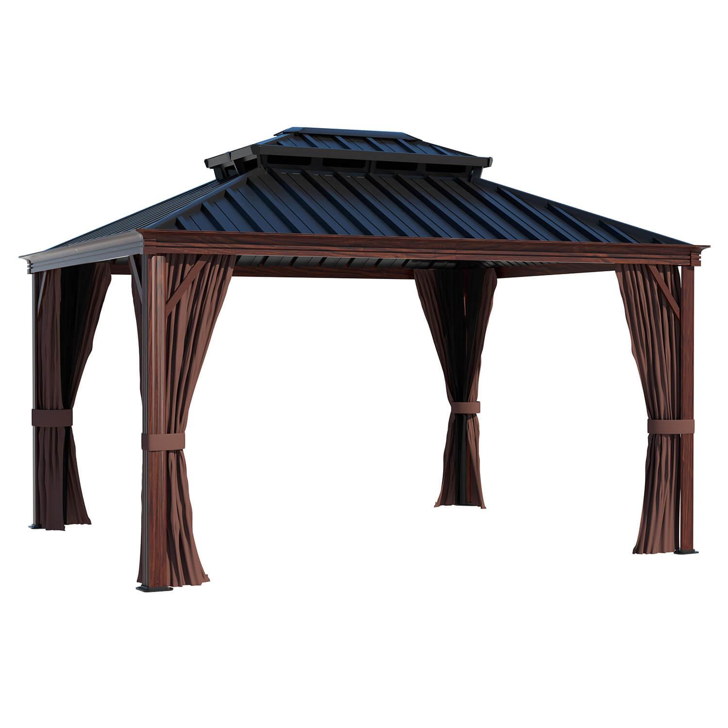 Veikous wood-finish aluminum patio gazebo with a double steel roof and brown curtains on a white background