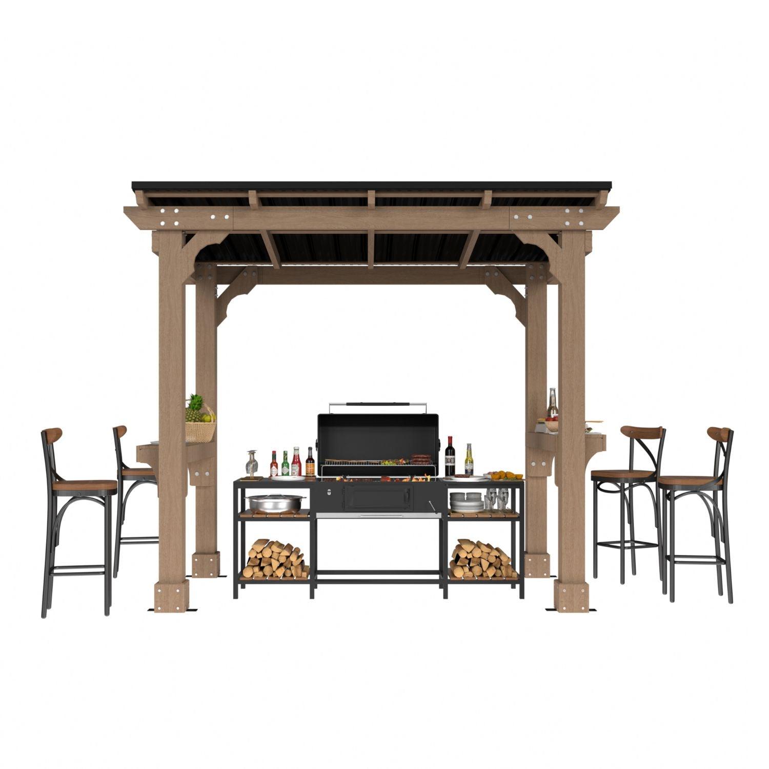 Veikous wood grill gazebo with a sloping roof over a grill, prep counter and bar stools