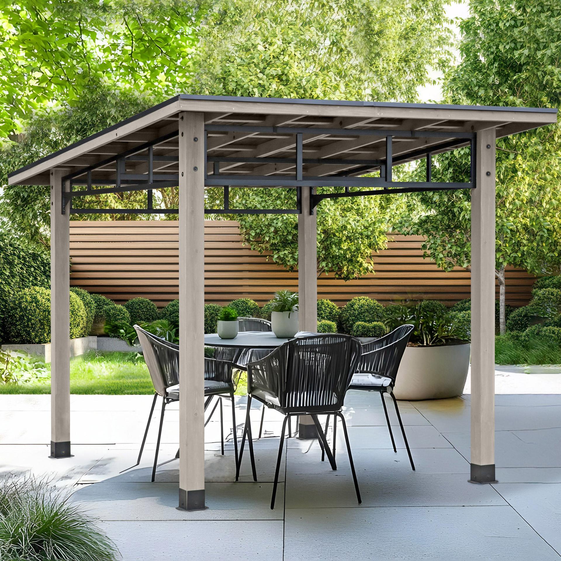 Yardistry Contemporary Gazebo with a sloped dark aluminum roof on black steel trusses over a patio dining table