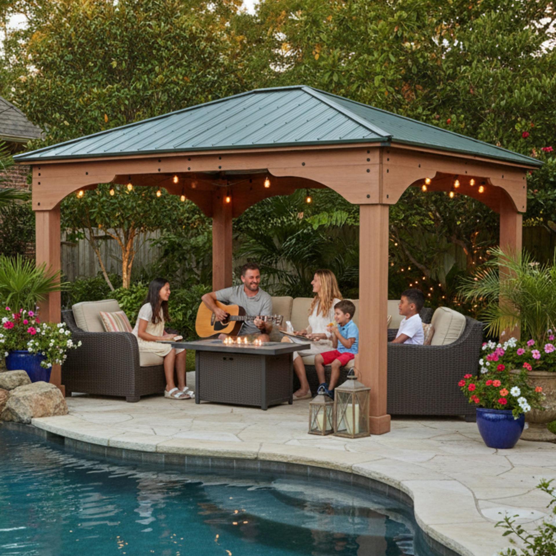 Yardistry 12x14 Grand Gazebo with a Montana Bronze aluminum roof beside a pool, with a sofa set and fire table
