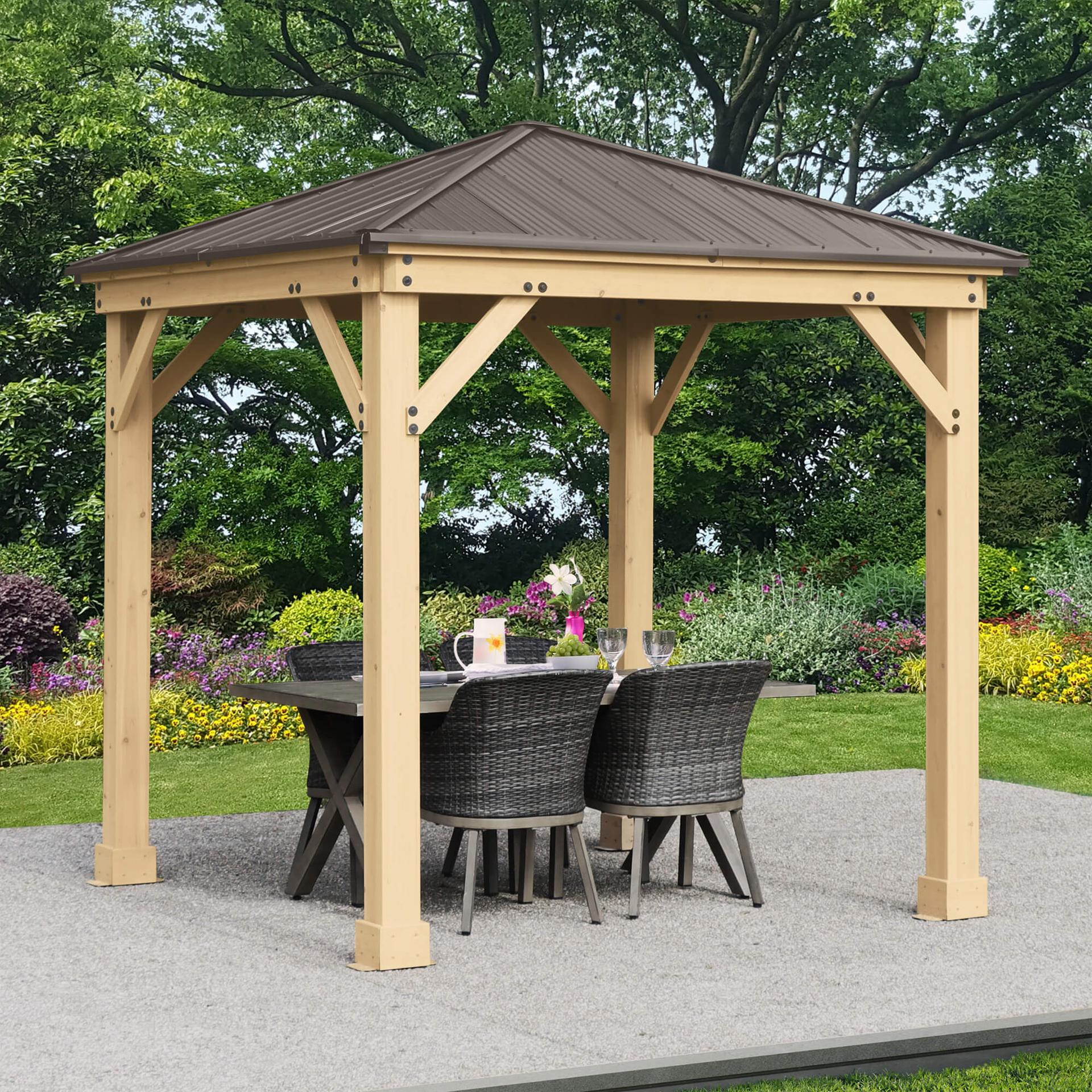 Yardistry Meridian cedar gazebo with a coffee-brown aluminum hip roof over a patio dining set