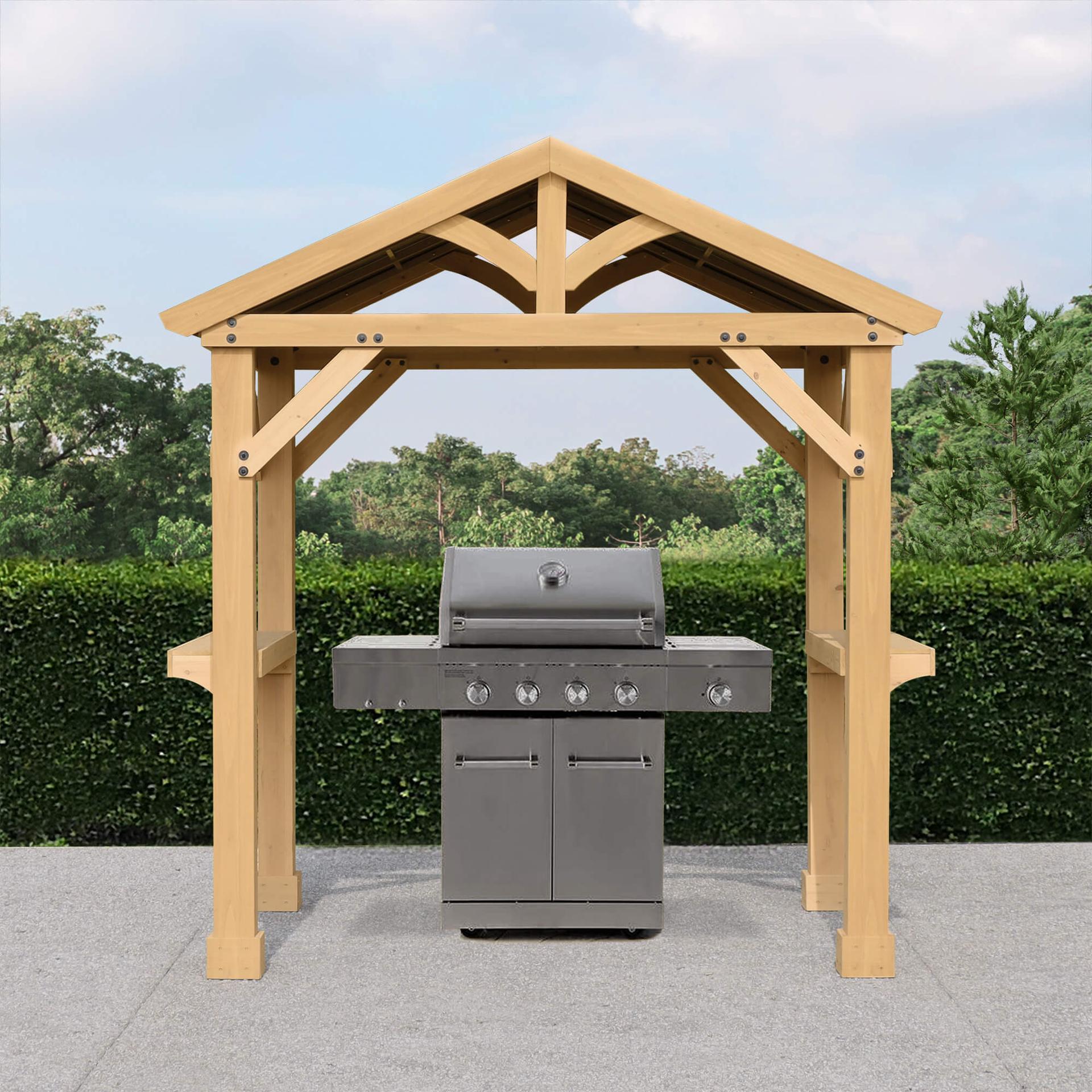 Front view of the Meridian Grilling Pavilion with a freestanding grill under the roof