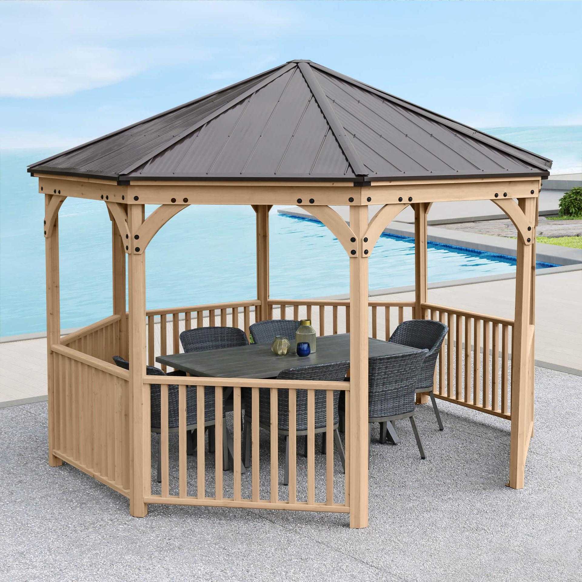 Octagon gazebo from a corner angle with a dining table inside the railing