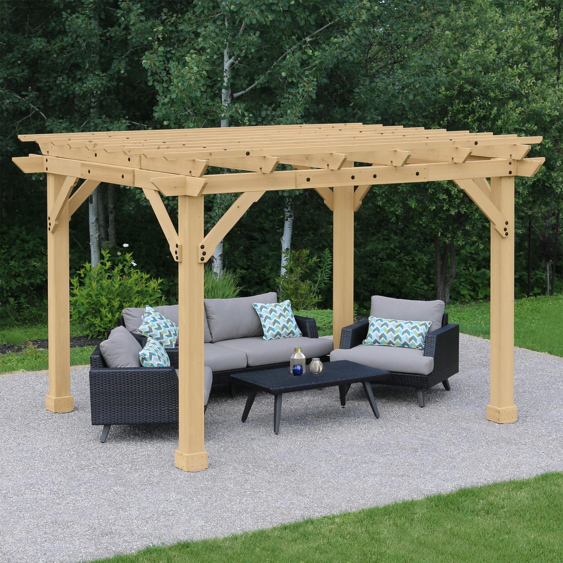 Meridian Pergola from the front with sofas and a coffee table underneath