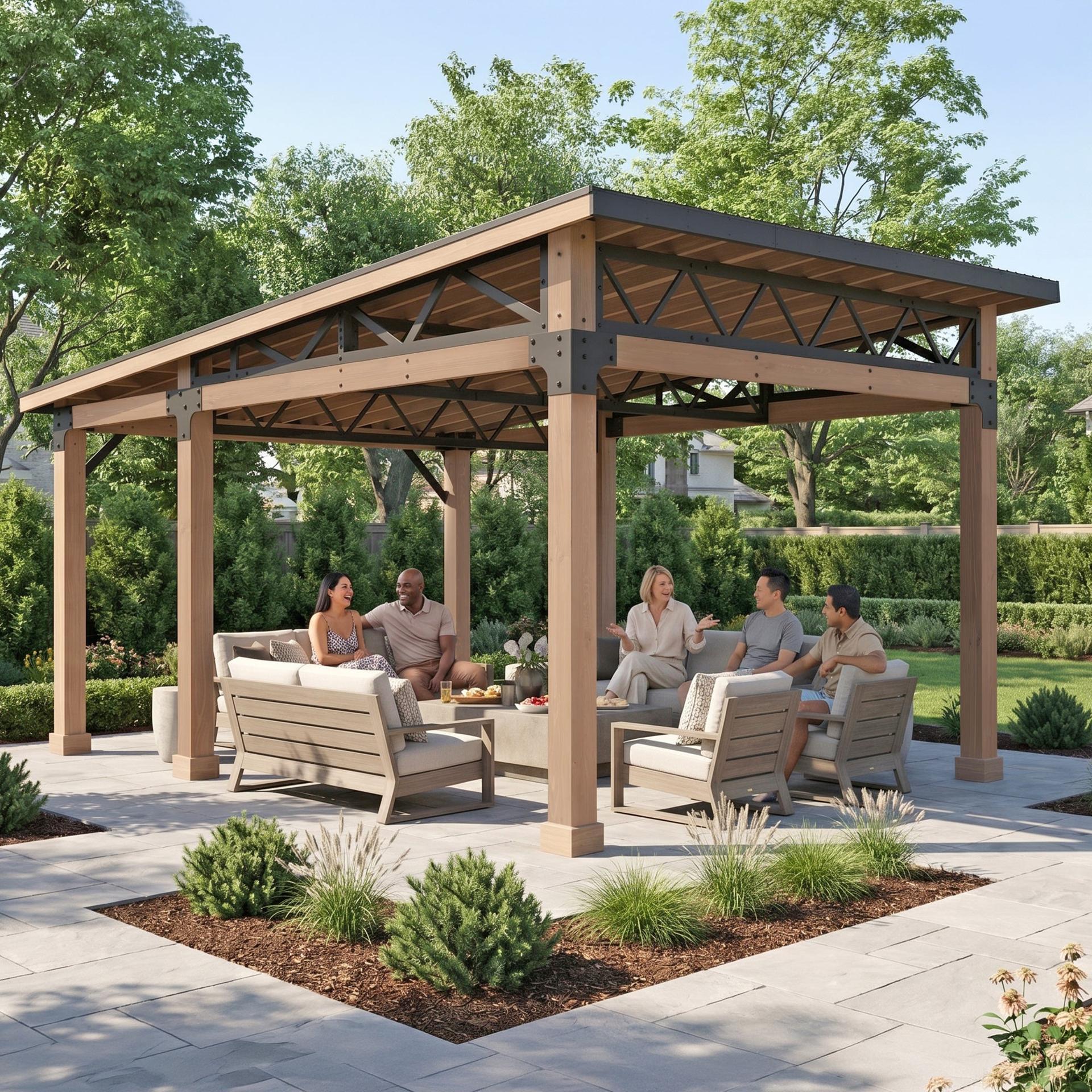 Yardistry 11.8x18 Modern Lounge Pavilion with square cedar posts and a sloped graphite roof over a garden lounge