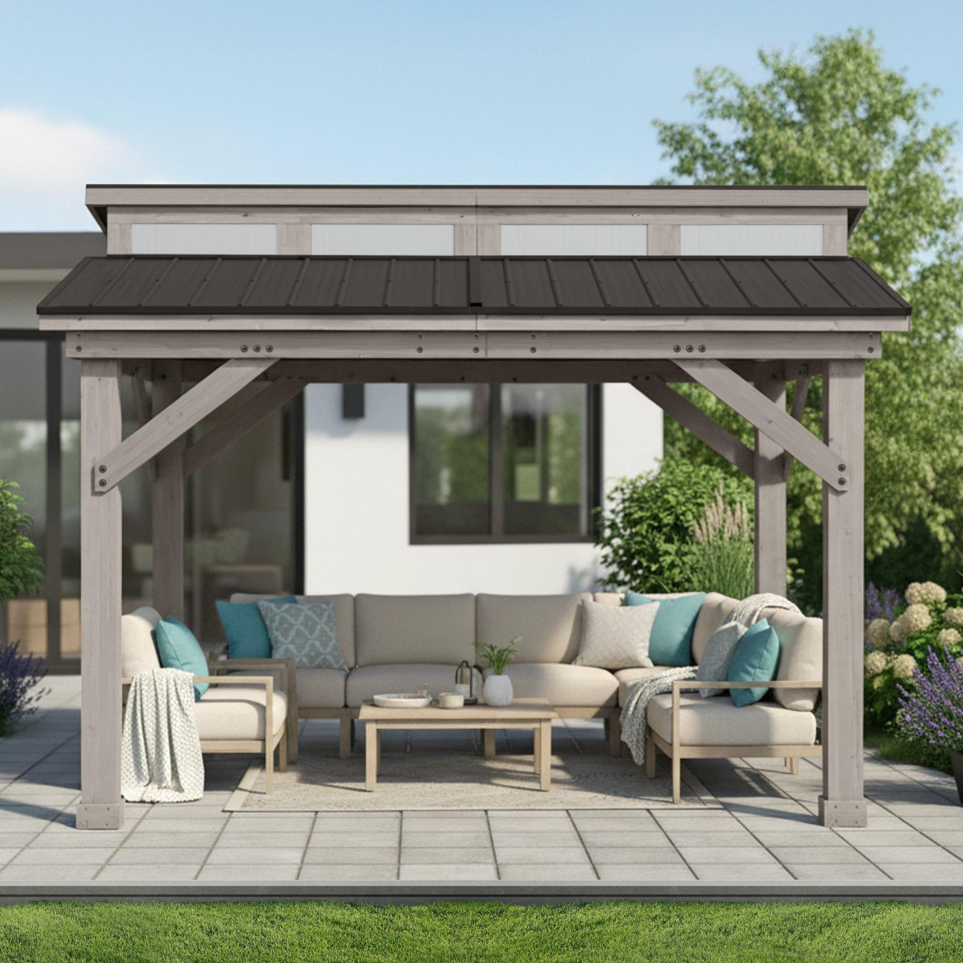 Split Roof Gazebo beside a modern house with a low sofa set and coffee table underneath