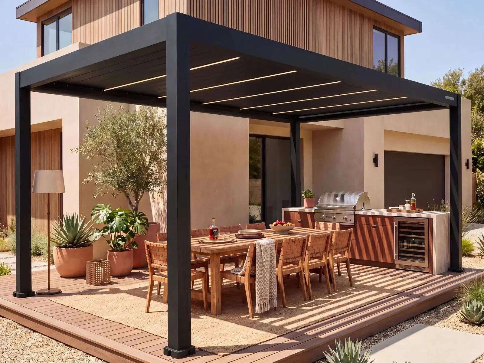 Hansø Apex pergola in dark gray on a timber deck beside a house, dining table and planters underneath