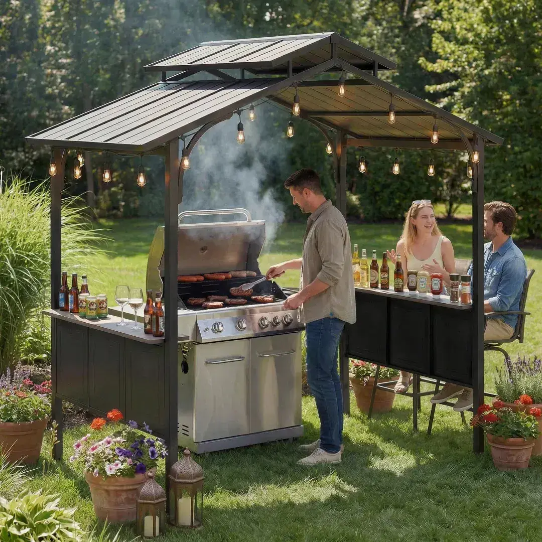 Sunjoy Hanscom 5x8 hardtop grill gazebo in a garden with string lights, a man cooking at a gas grill and guests seated alongside